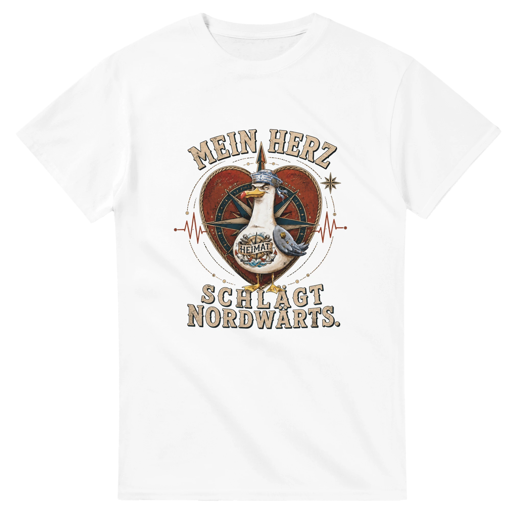 T-Shirt in Weiß mit Motiv „Mein Herz schlägt NORDWÄRTS. Möwe“