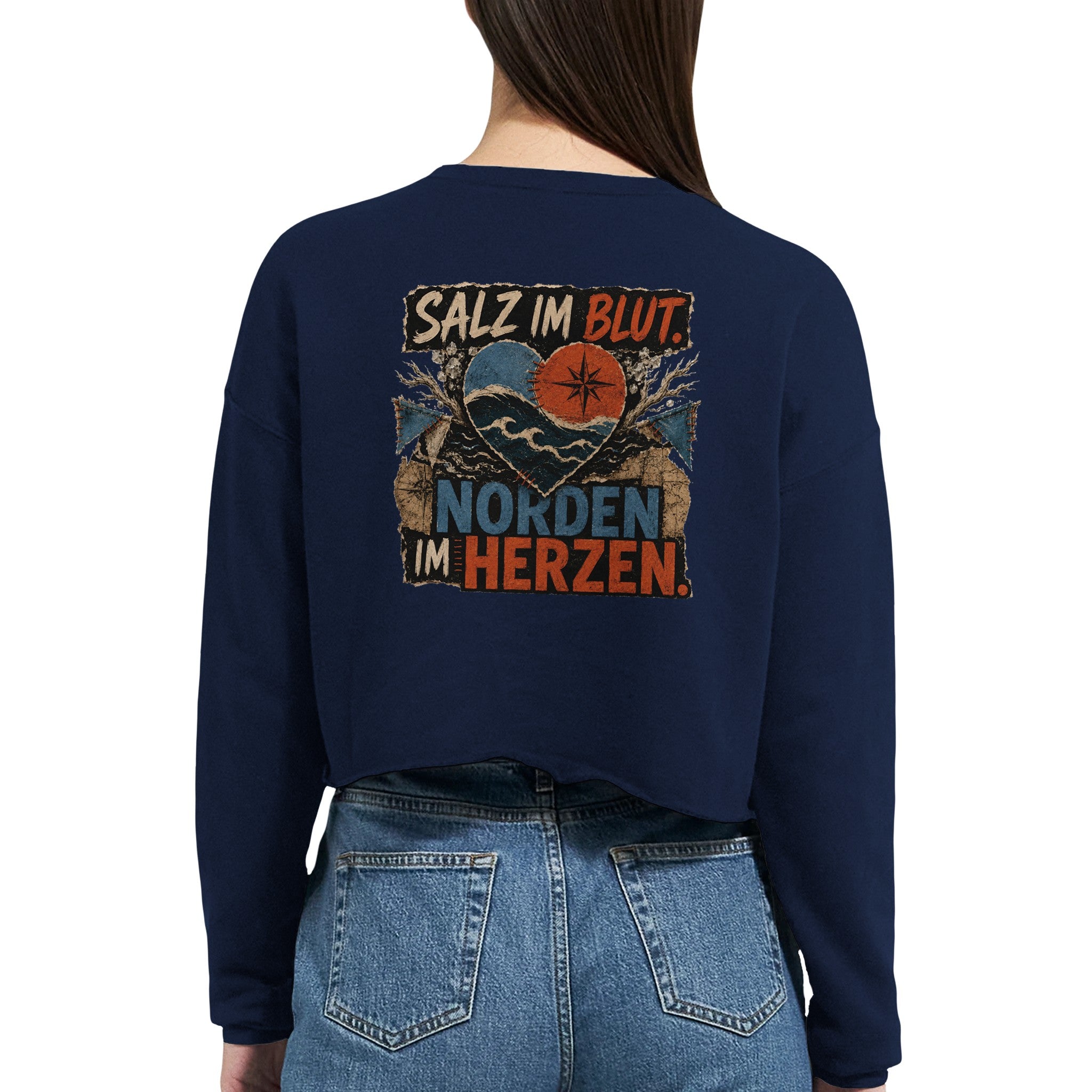 Damen-Pullover in Staubblau mit Motiv „Salz im Blut. Norden im Herzen.“