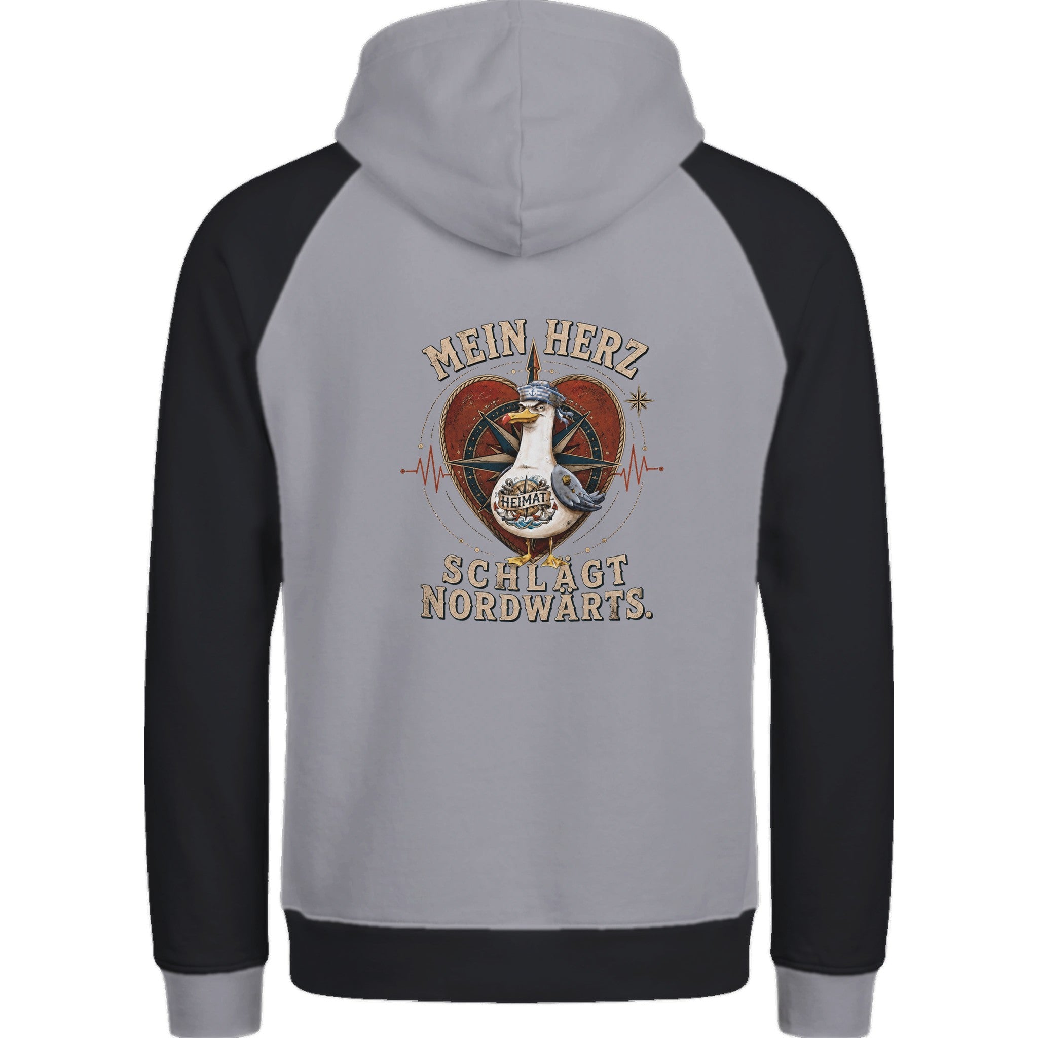 Hoodie in Ton mit Motiv „Mein Herz schlägt NORDWÄRTS. Möwe“