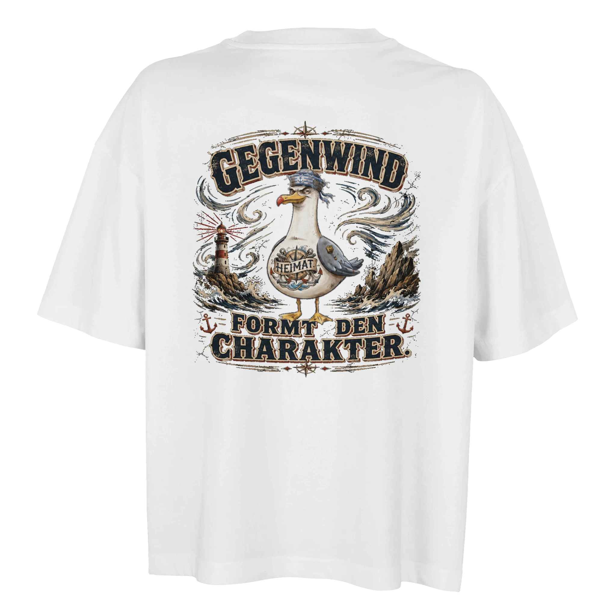 Damen-T-Shirt in Weiß mit Motiv „Gegenwind formt den Charakter“