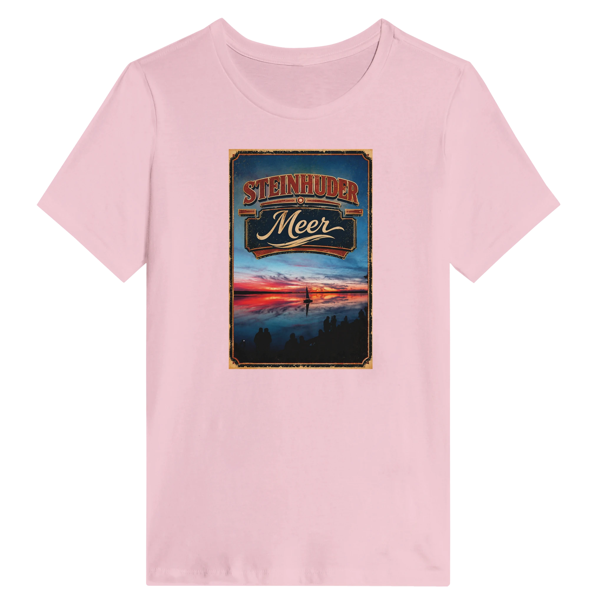 Damen-T-Shirt in Weiß mit Motiv „Sunset mit Segler am Wilhelmstein – Steinhuder Meer“