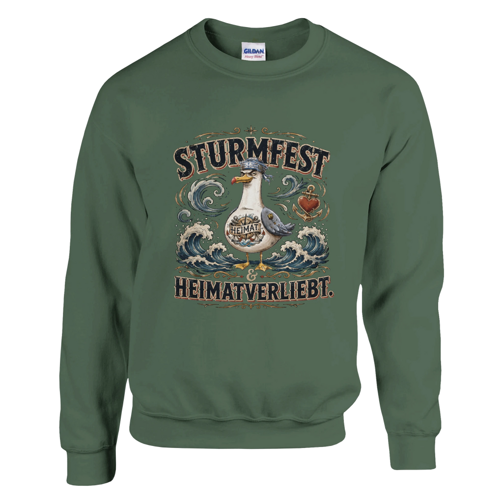 Pullover in Weiß mit Motiv „Sturmfest & Heimatverliebt Möwe“