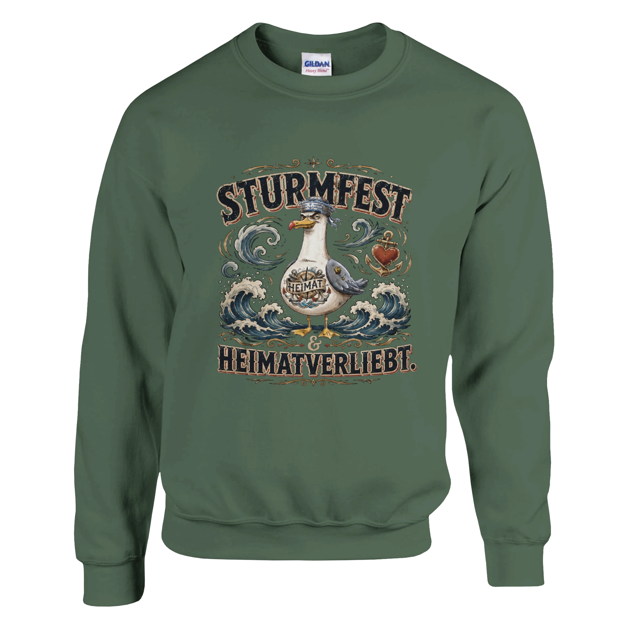 Pullover in Weiß mit Motiv „Sturmfest & Heimatverliebt Möwe“