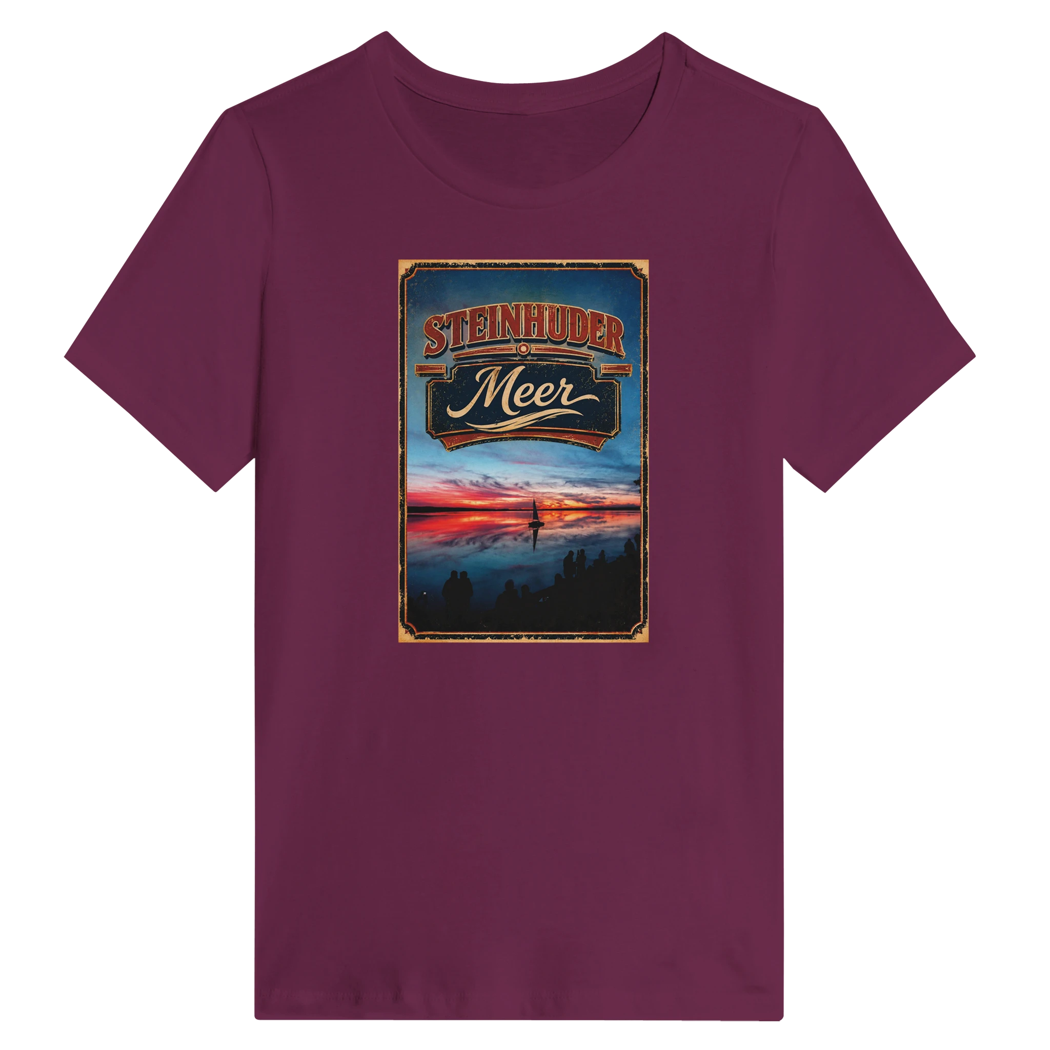 Damen-T-Shirt in Weiß mit Motiv „Sunset mit Segler am Wilhelmstein – Steinhuder Meer“