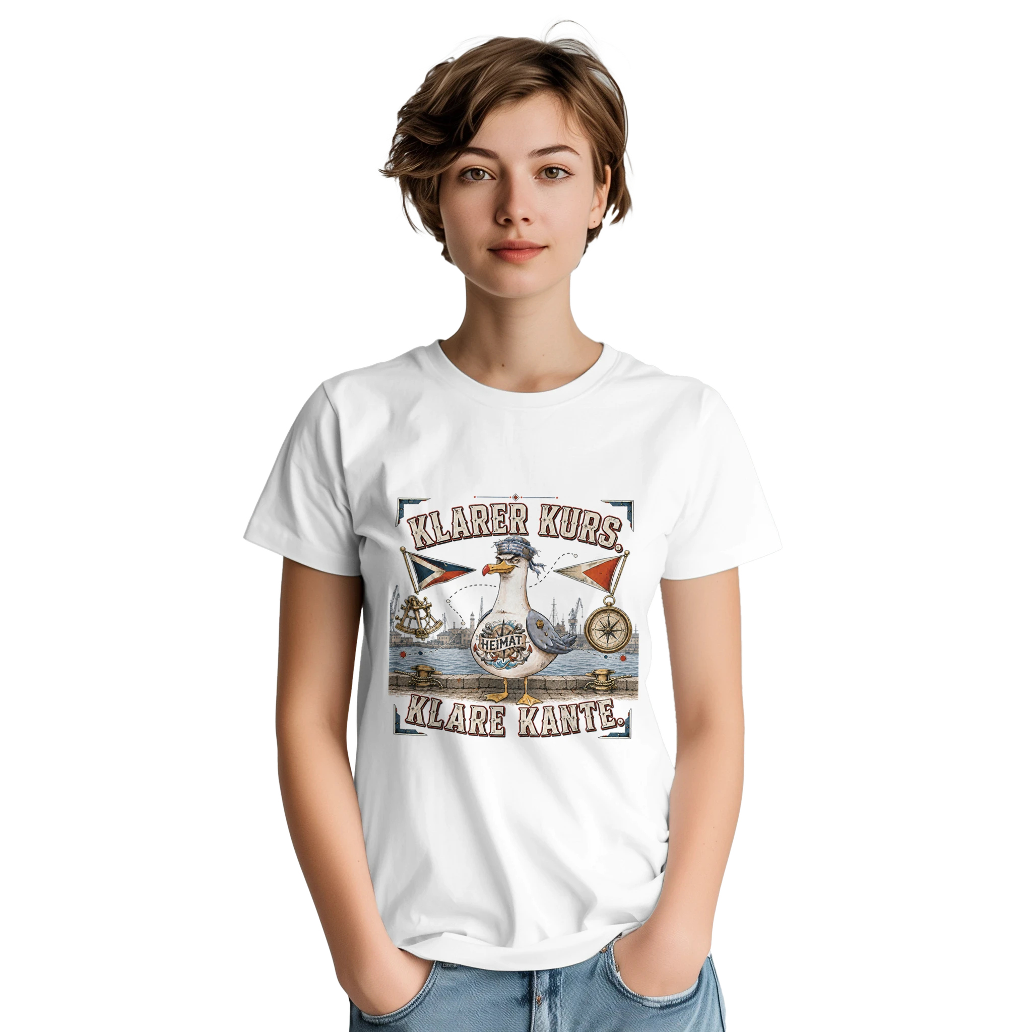 T-Shirt in Natur mit Motiv „Klarer Kurs. Klare Kante. Möwe“