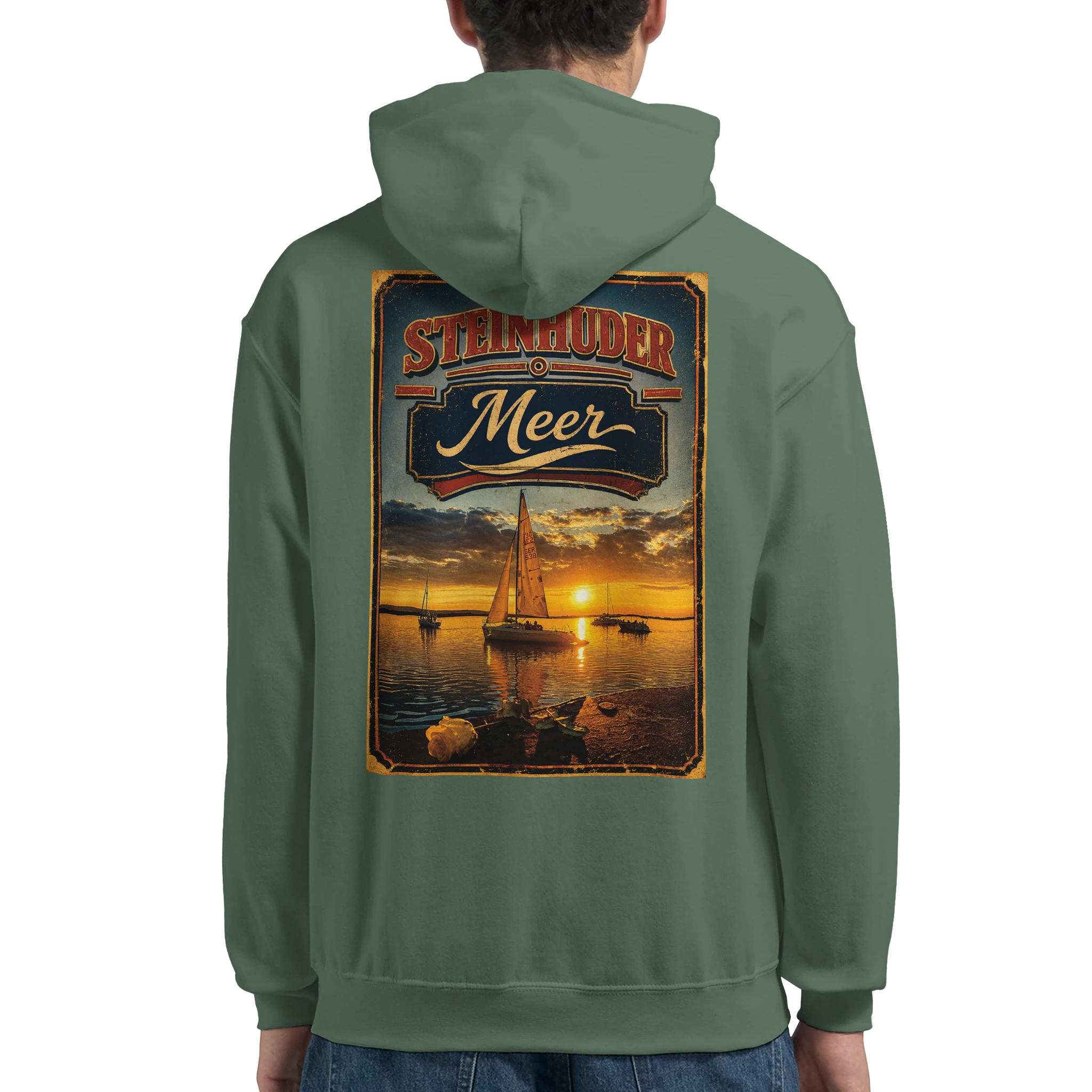Hoodie in Aschgrau mit Motiv „White Night am Wilhelmstein im Sonnenuntergang“