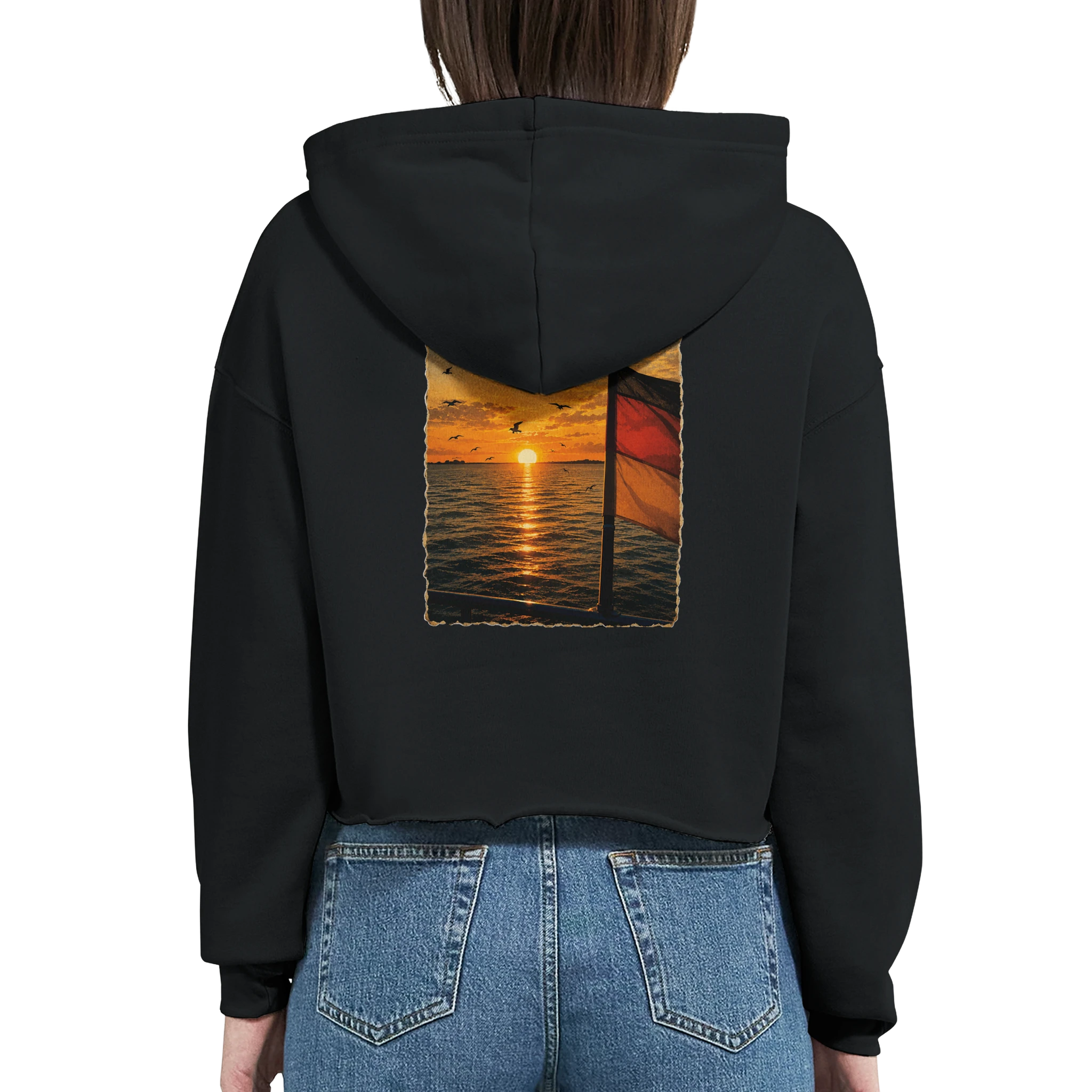 Damen-Hoodie in Weiß mit Motiv „Flagge und Sunset“