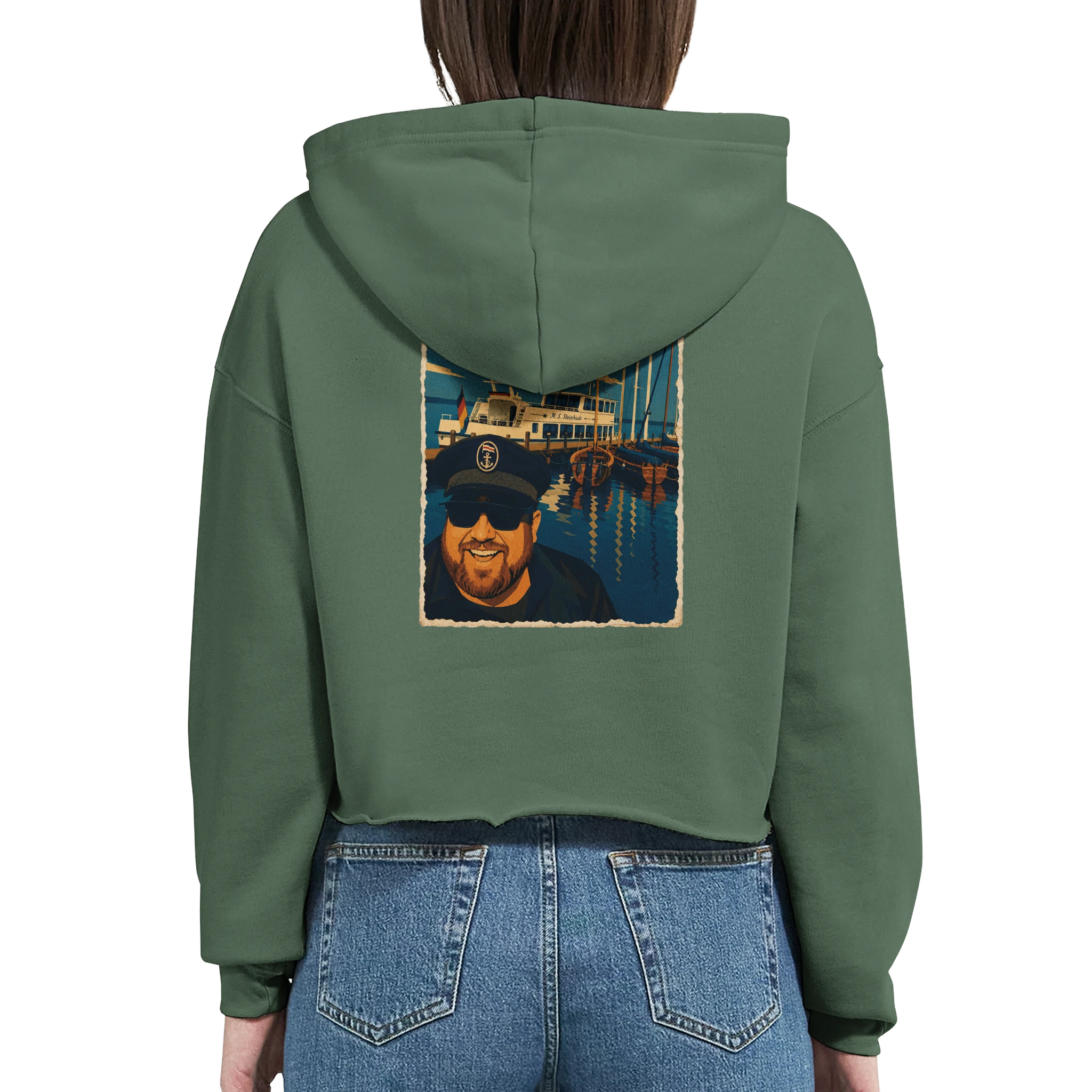 Damen-Hoodie in Weiß mit Motiv „Kapitän an Bord“
