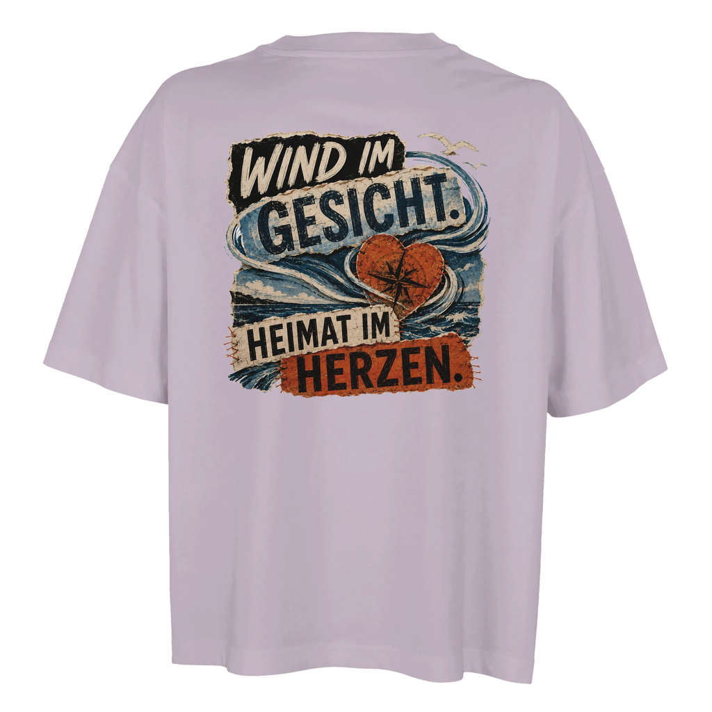 Damen-T-Shirt in Weiß mit Motiv „Wind im Gesicht. Heimat im Herzen.“