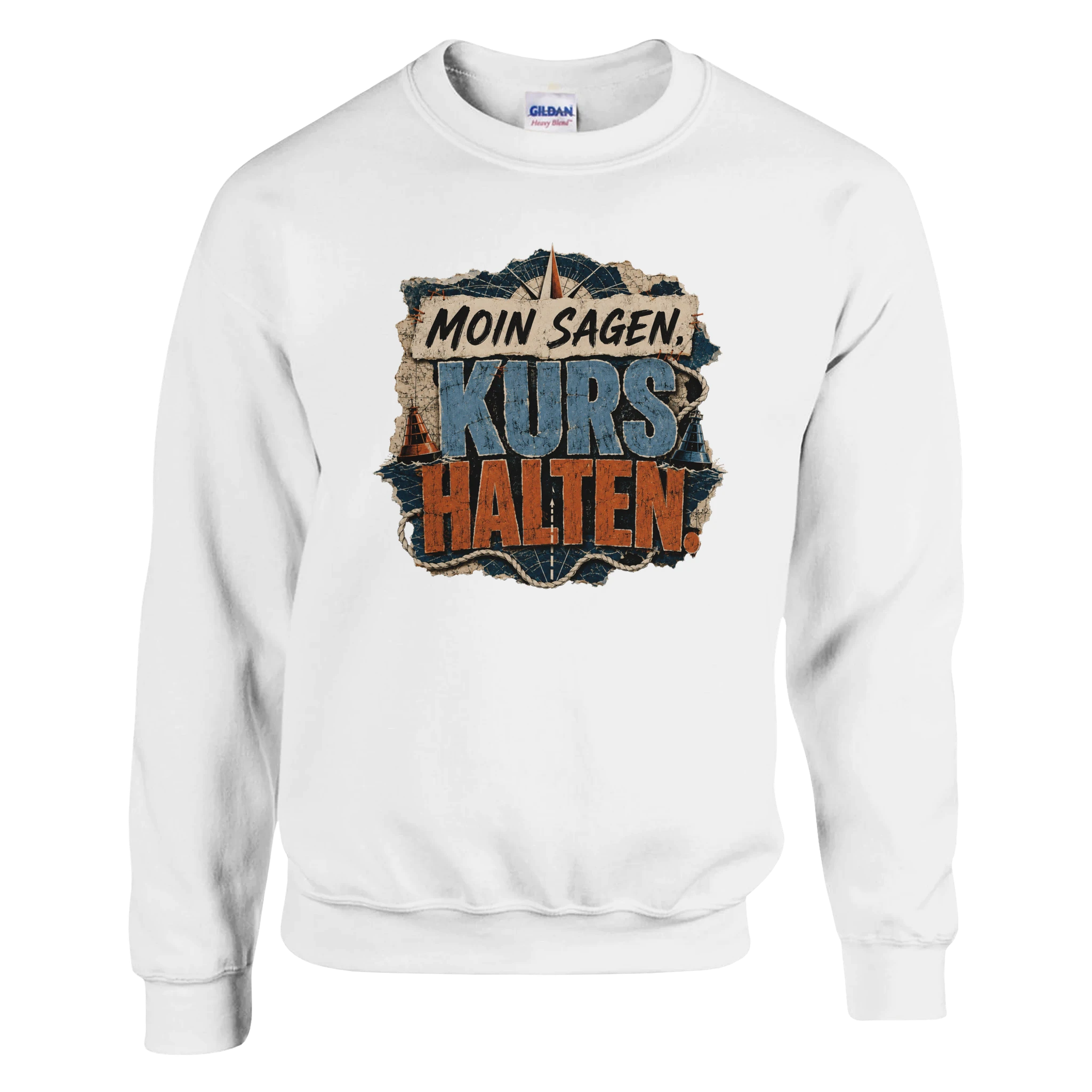 Pullover in Weiß mit Motiv „Moin sagen. Kurs halten.“