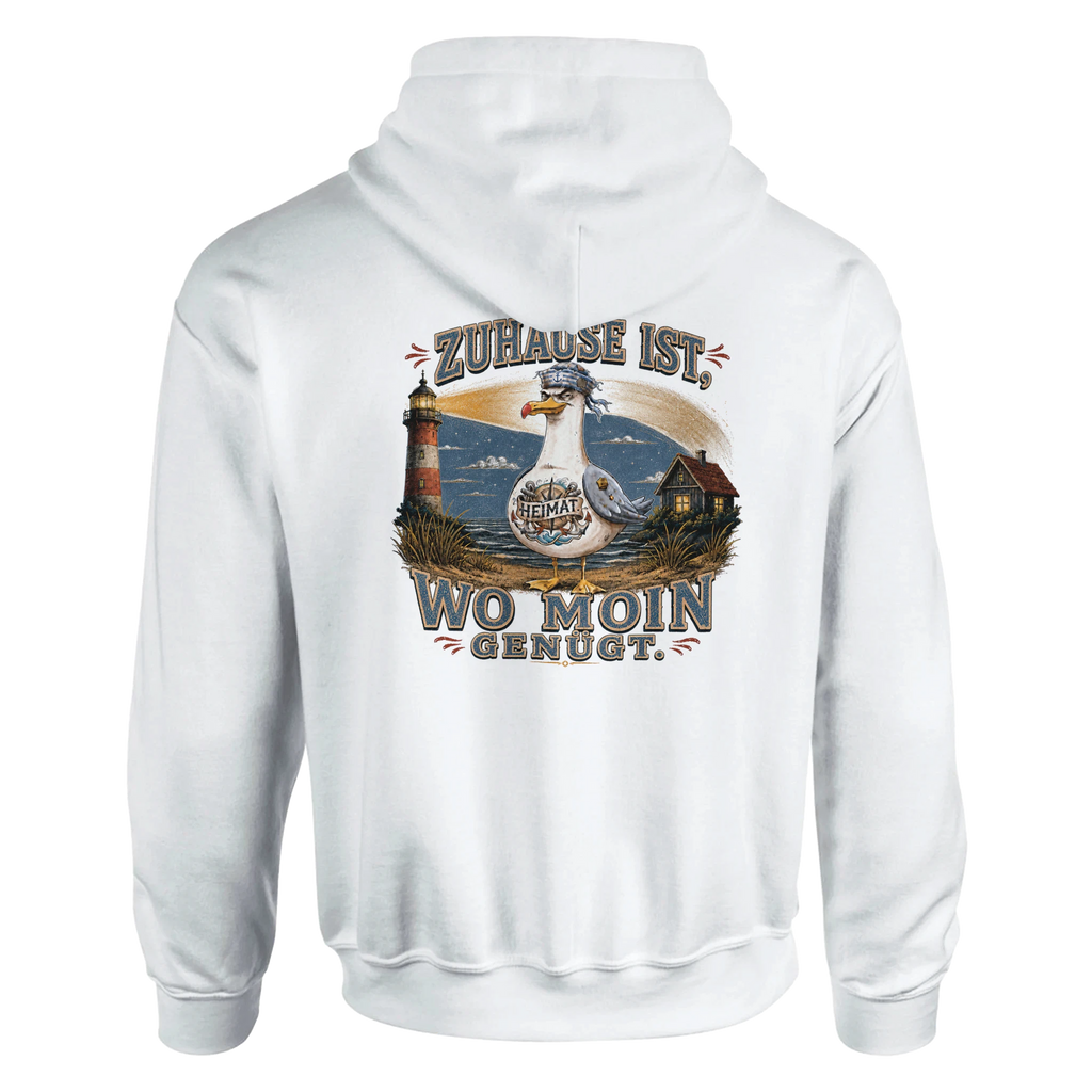 Hoodie in Weiß mit Motiv „Zuhause ist, wo Moin genügt. Möwe“