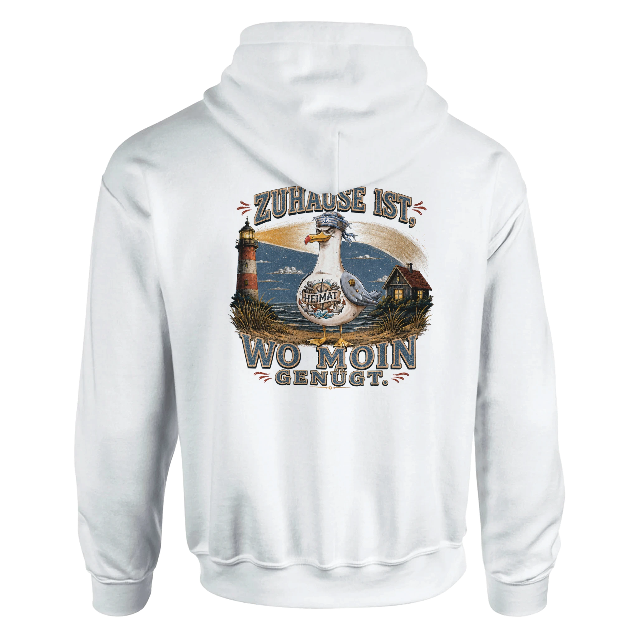 Hoodie in Weiß mit Motiv „Zuhause ist, wo Moin genügt. Möwe“