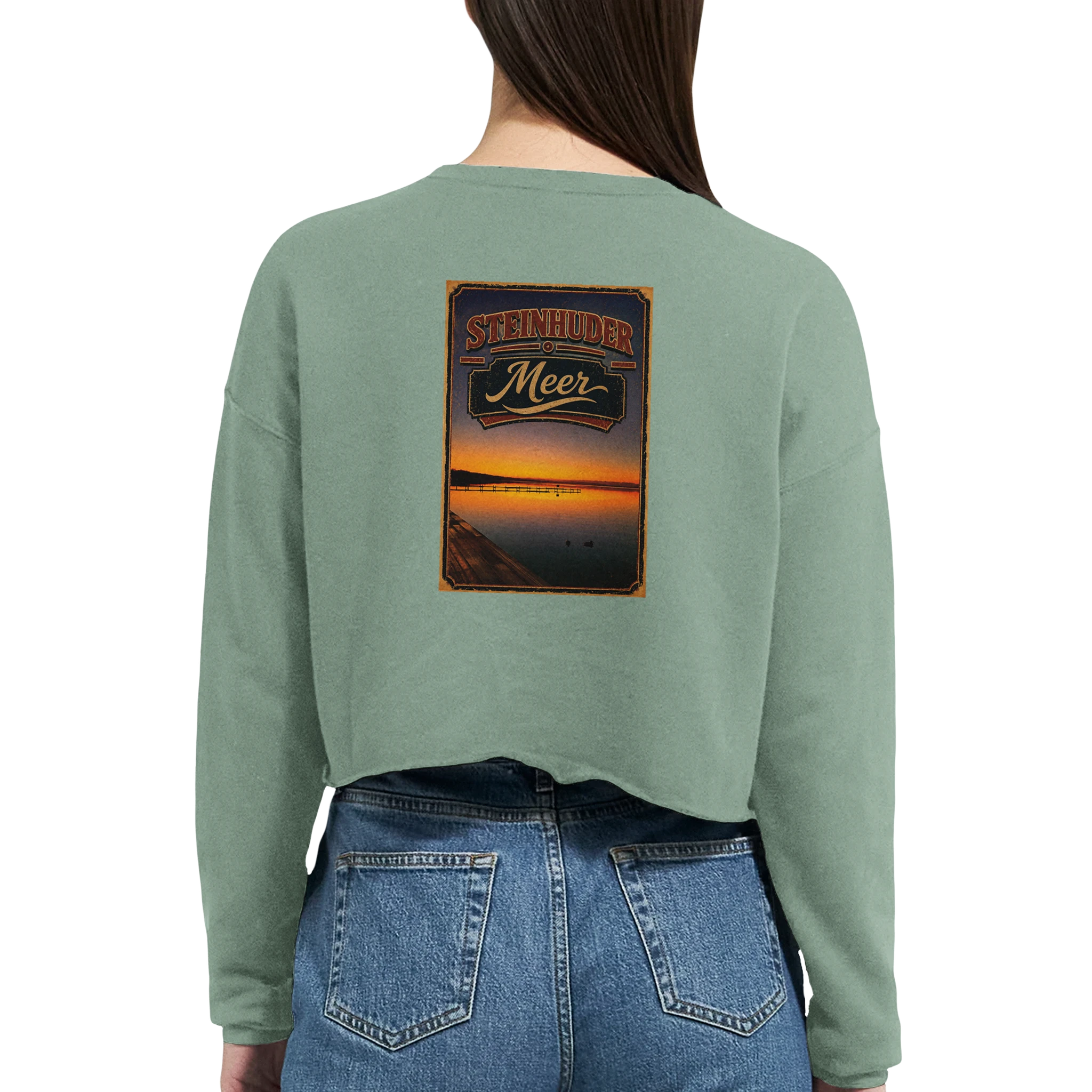 Damen-Pullover in Staubblau mit Motiv „Steg an der Planke“