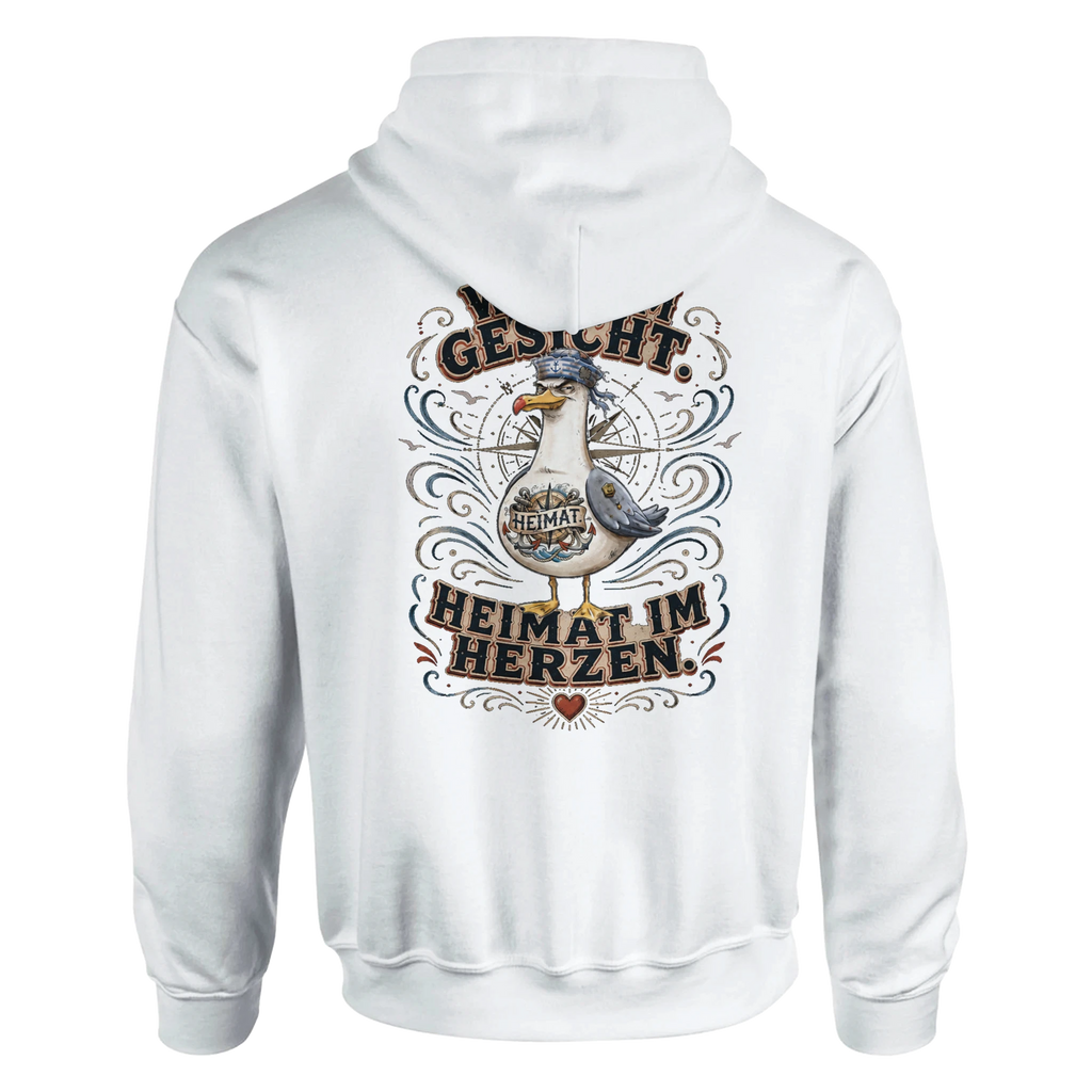 Hoodie in Weiß mit Motiv „Wind im Gesicht. Heimat im Herzen. Möwe“