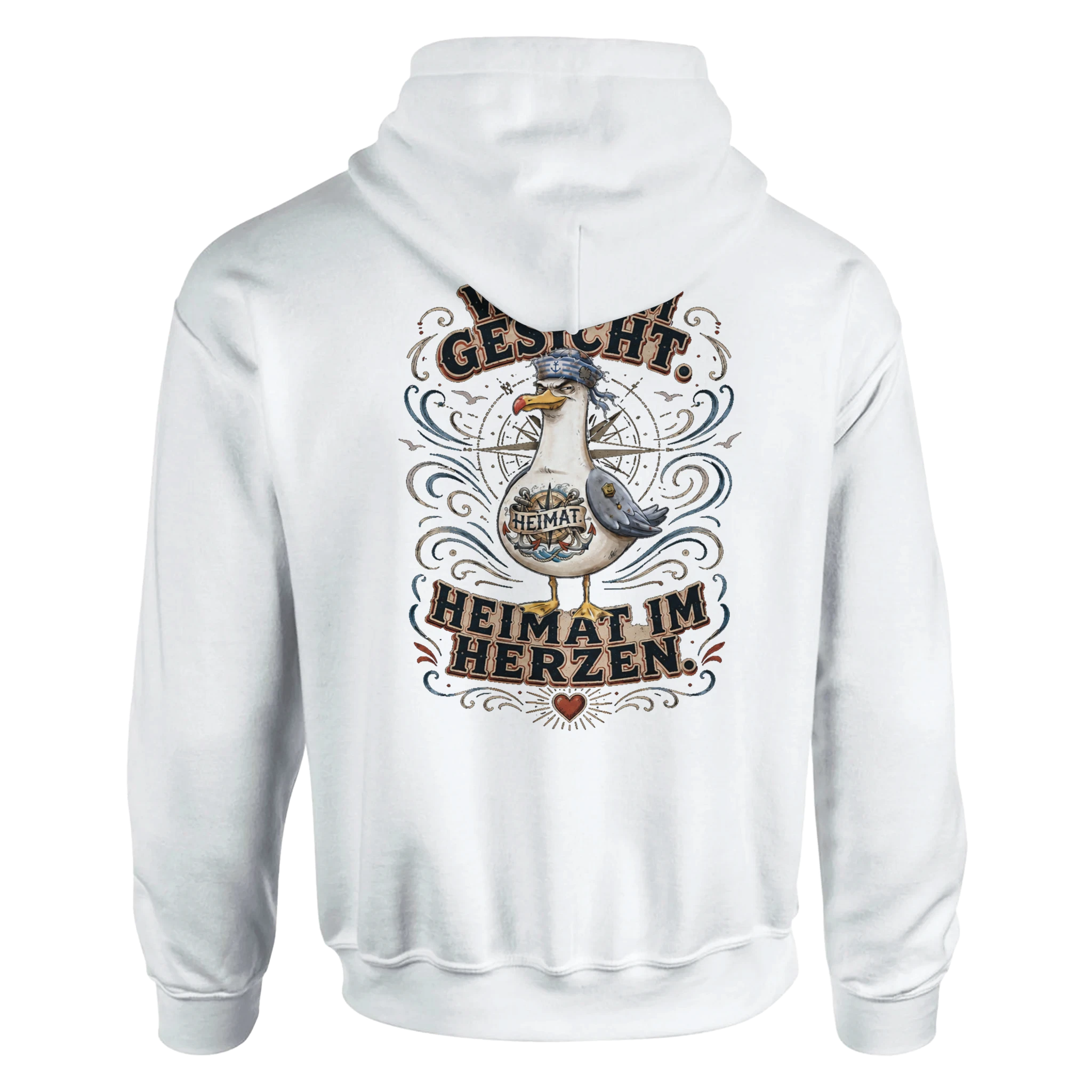 Hoodie in Weiß mit Motiv „Wind im Gesicht. Heimat im Herzen. Möwe“