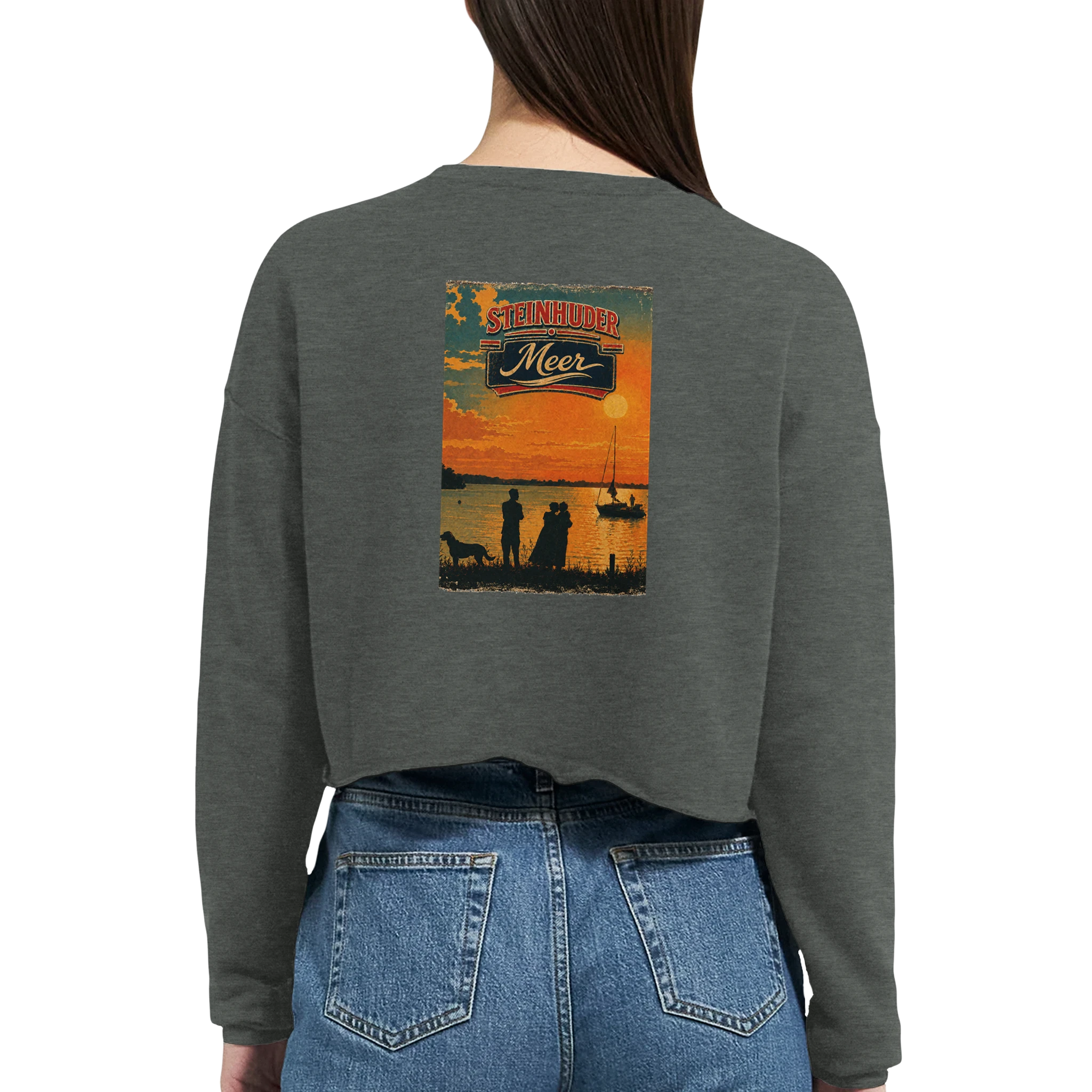 Damen-Pullover in Staubblau mit Motiv „Familie beim Sunset“