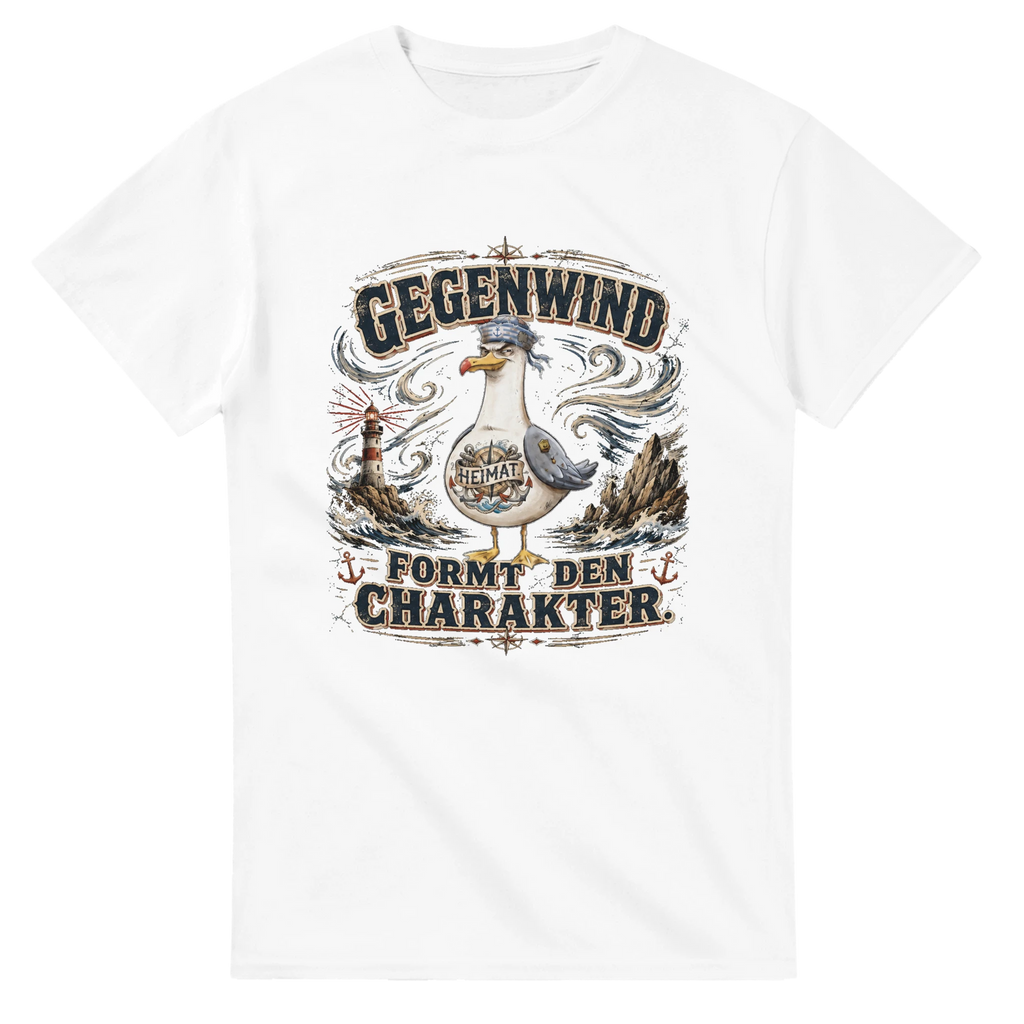 T-Shirt in Weiß mit Motiv „Gegenwind formt den Charakter Typisch Norddeutsch“