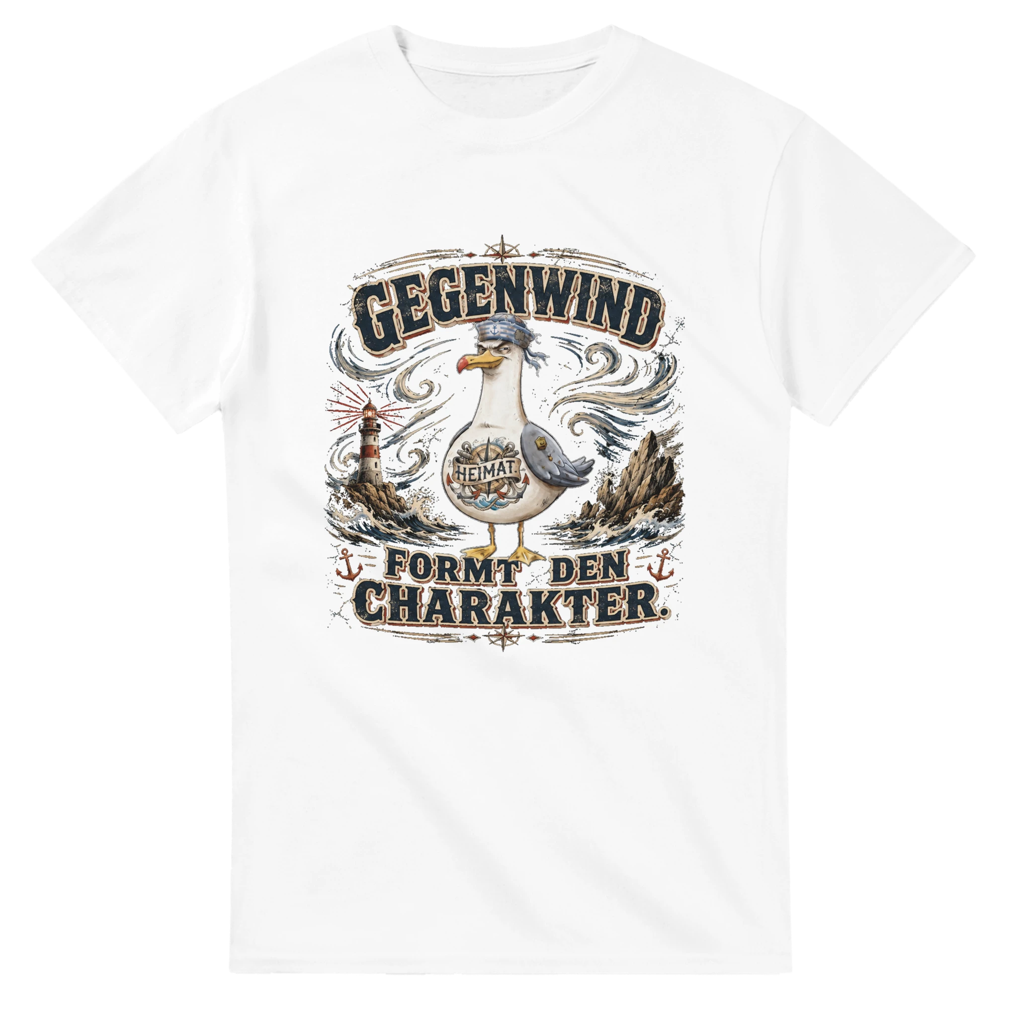T-Shirt in Weiß mit Motiv „Gegenwind formt den Charakter Typisch Norddeutsch“