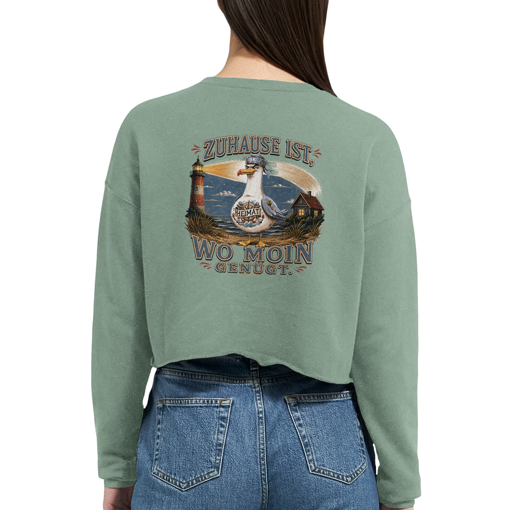 Damen-Pullover in Staubblau mit Motiv „Zuhause ist, wo Moin genügt. Möwe“