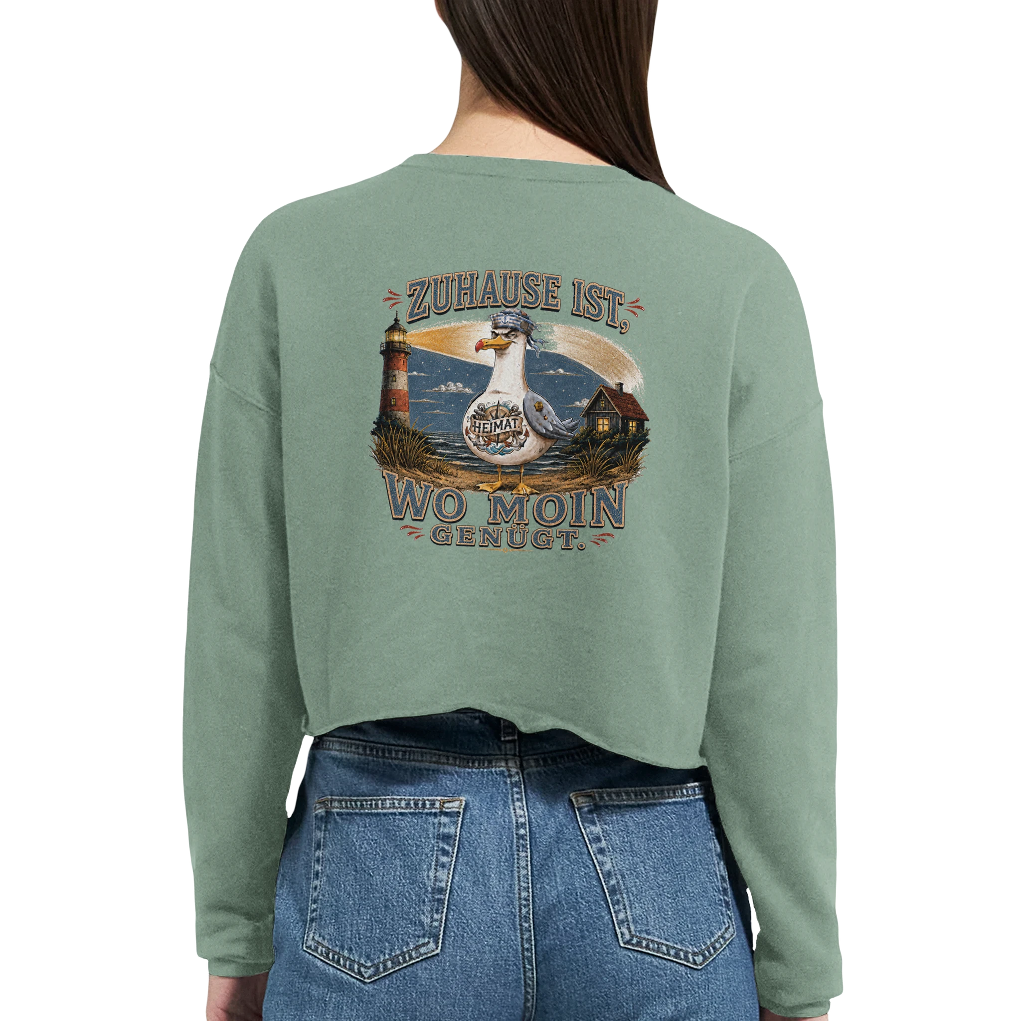 Damen-Pullover in Staubblau mit Motiv „Zuhause ist, wo Moin genügt. Möwe“