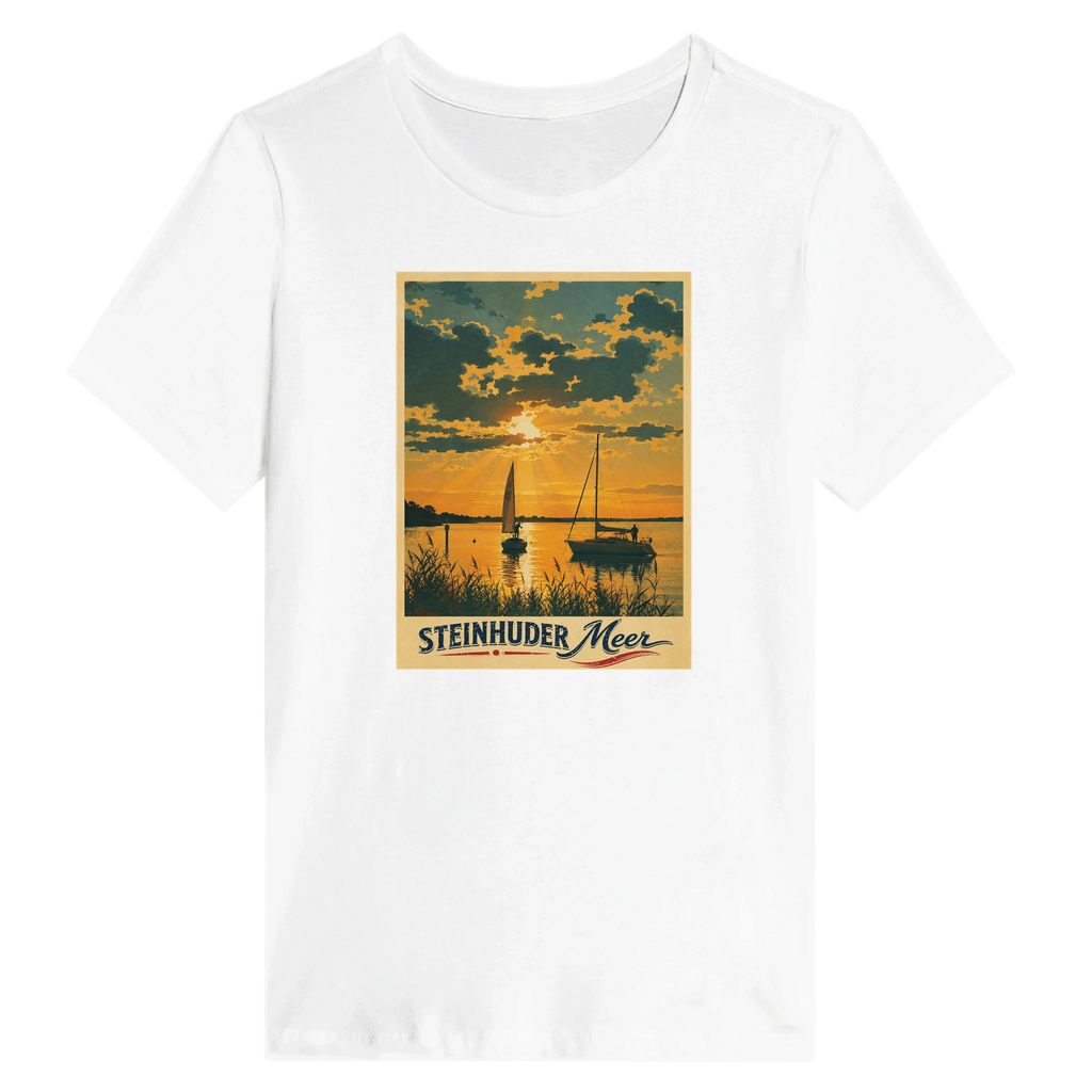Damen-T-Shirt in Weiß mit Motiv „Segler am Steinhuder Meer beim Sunset“