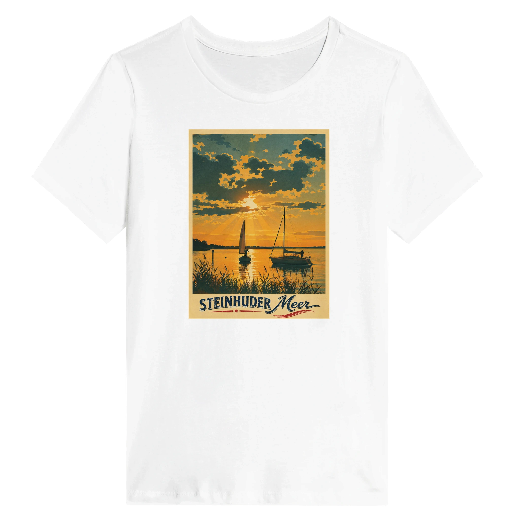 Damen-T-Shirt in Weiß mit Motiv „Segler am Steinhuder Meer beim Sunset“