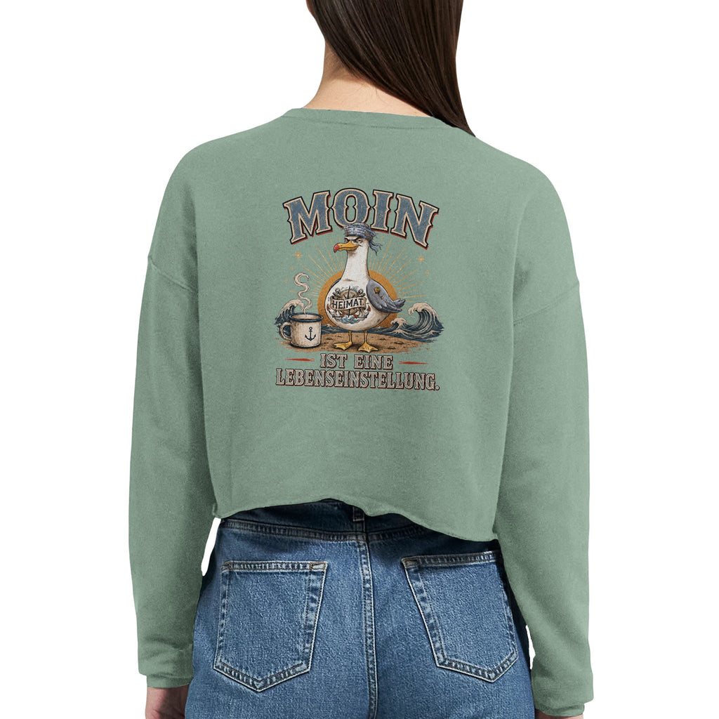 Damen-Pullover in Staubblau mit Motiv „Moin ist eine Lebenseinstellung Möwe“