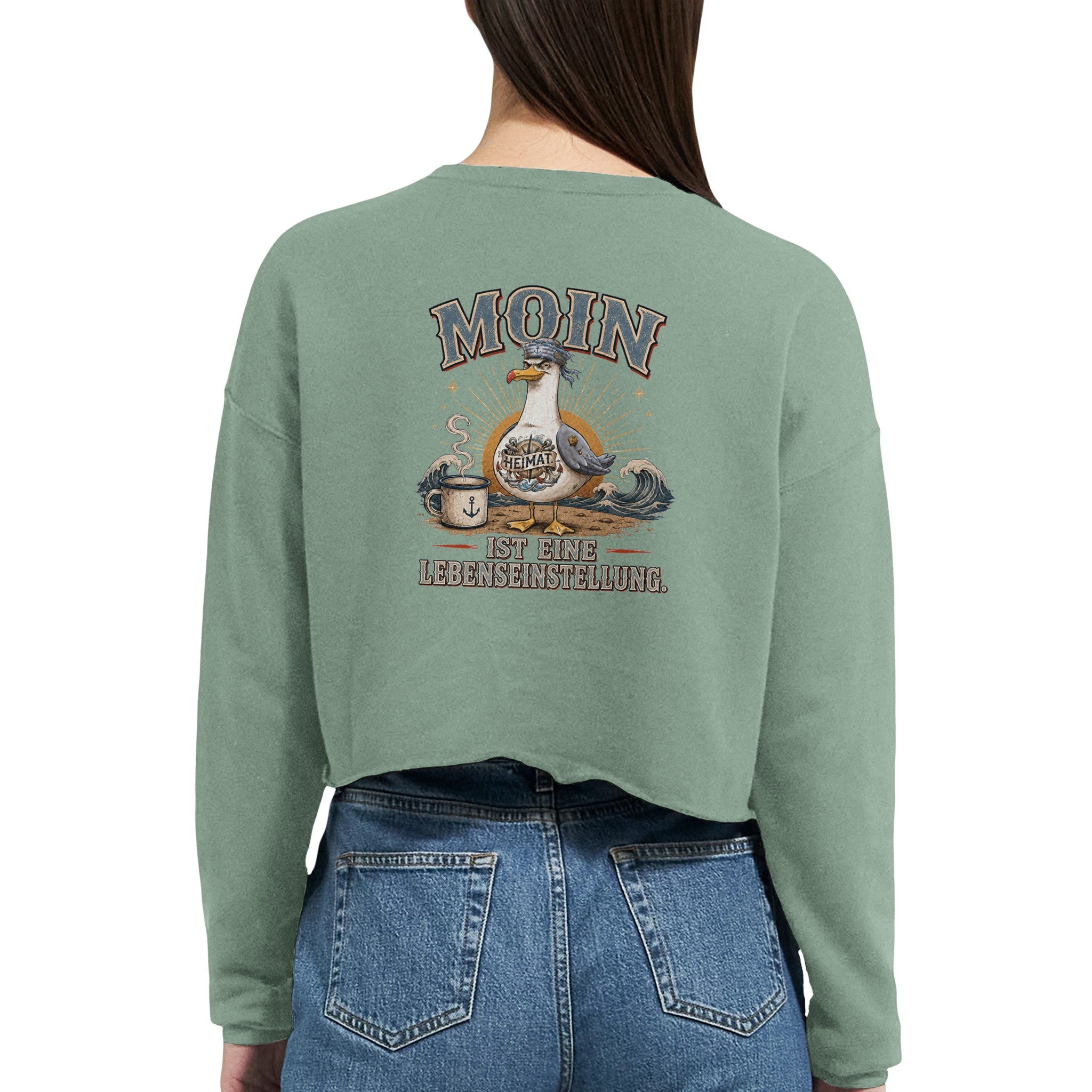 Damen-Pullover in Staubblau mit Motiv „Moin ist eine Lebenseinstellung Möwe“