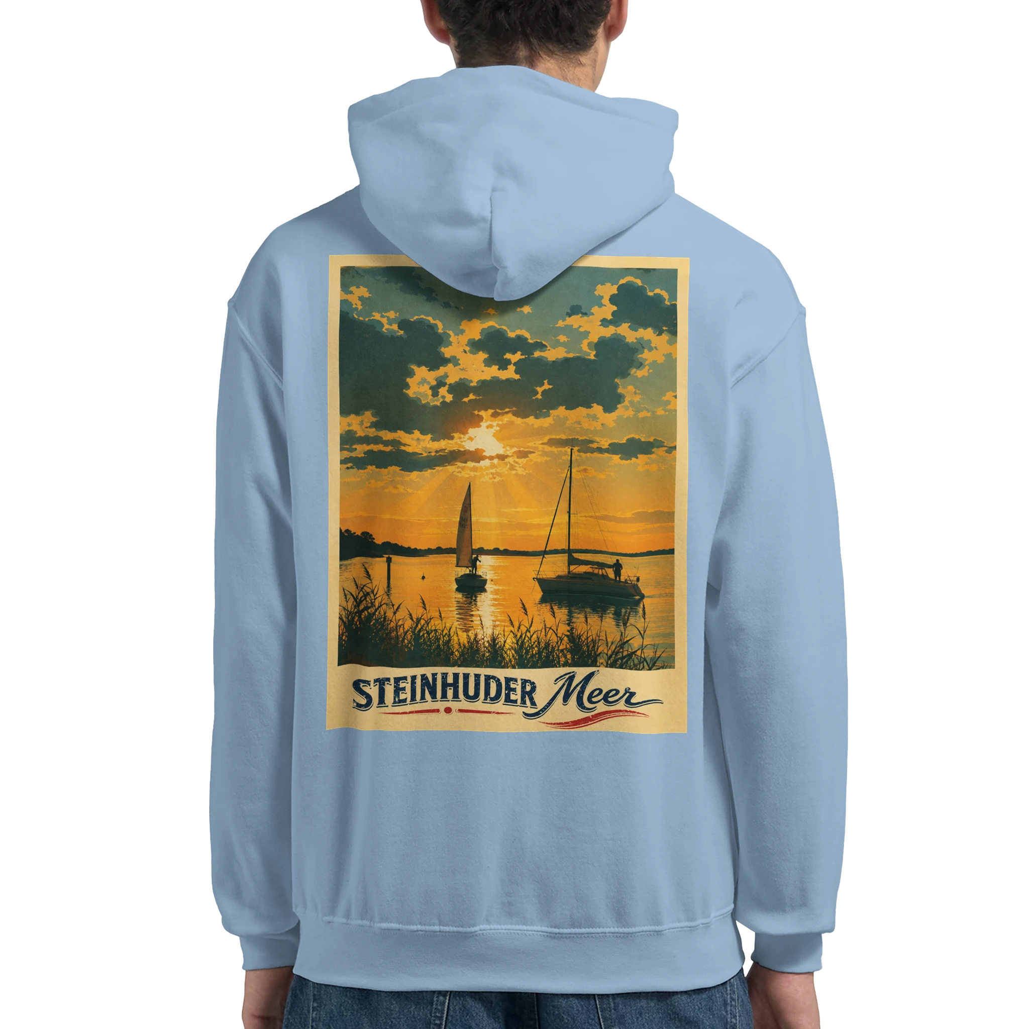 Hoodie in Weiß mit Motiv „Segler am Steinhuder Meer beim Sunset“