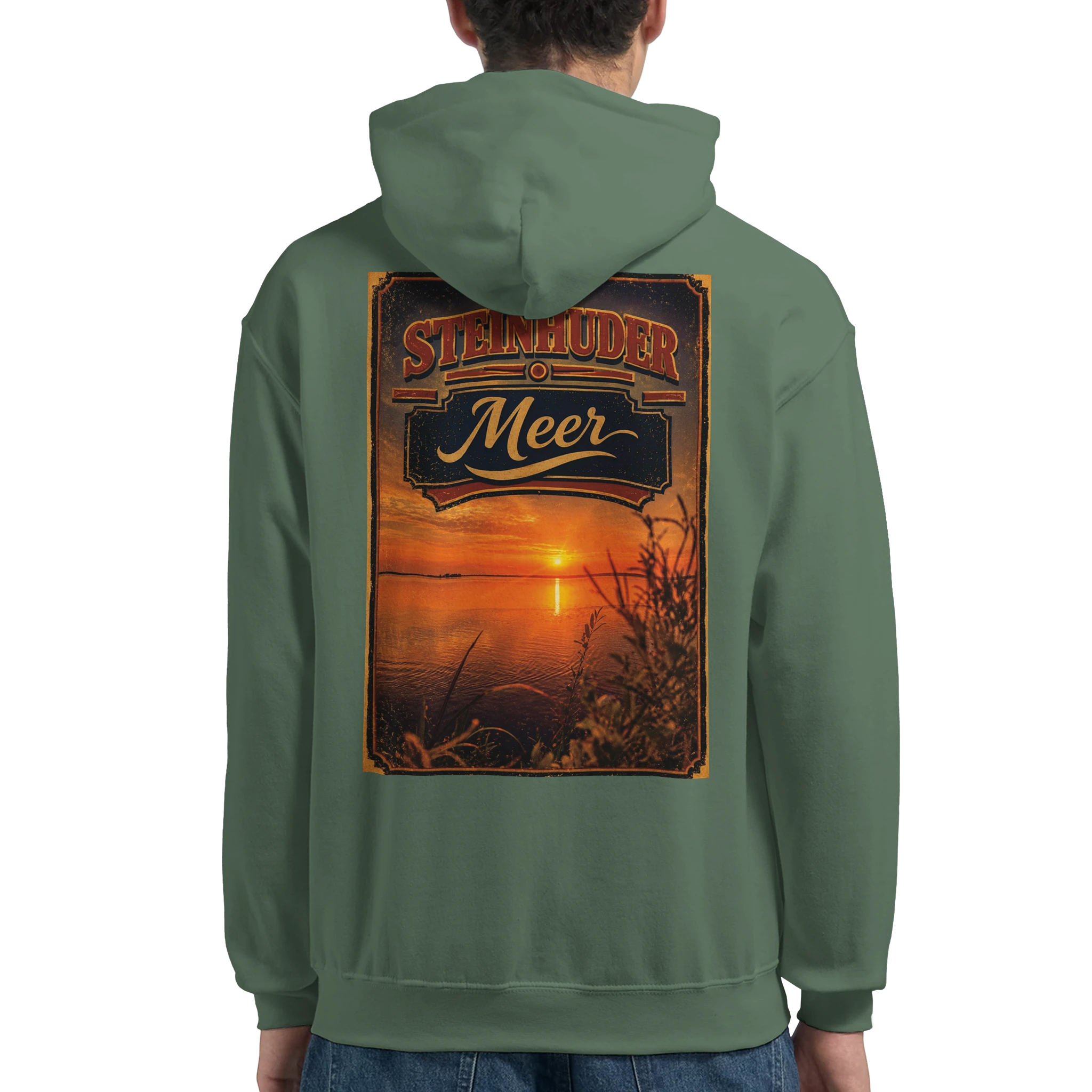 Hoodie in Weiß mit Motiv „Sunset am Steinhuder Meer“