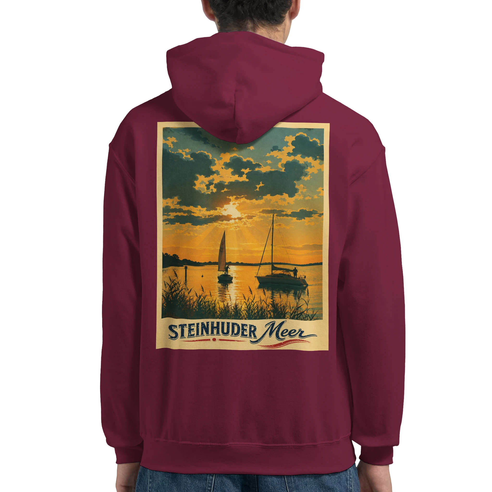 Hoodie in Weiß mit Motiv „Segler am Steinhuder Meer beim Sunset“
