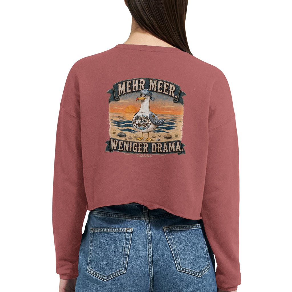 Damen-Pullover in Staubblau mit Motiv „Mehr Meer. Weniger Drama.“