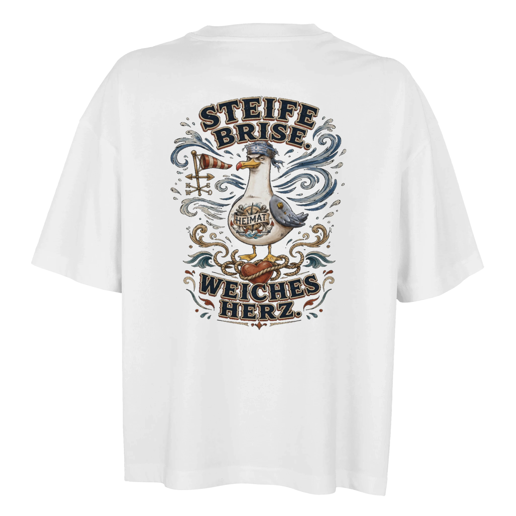 Damen-T-Shirt in Weiß mit Motiv „Steife Brise. Weiches Herz. Möwe“