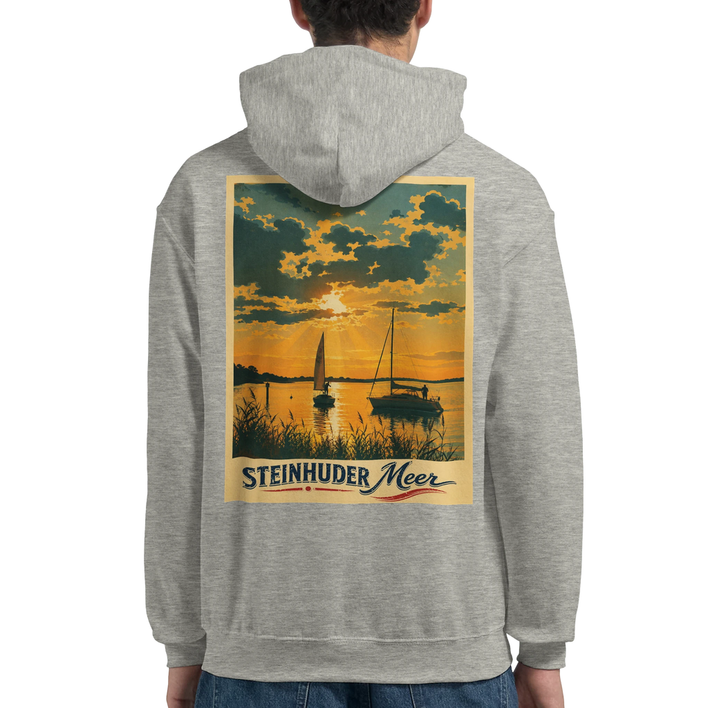 Hoodie in Aschgrau mit Motiv „Segler am Steinhuder Meer beim Sunset“