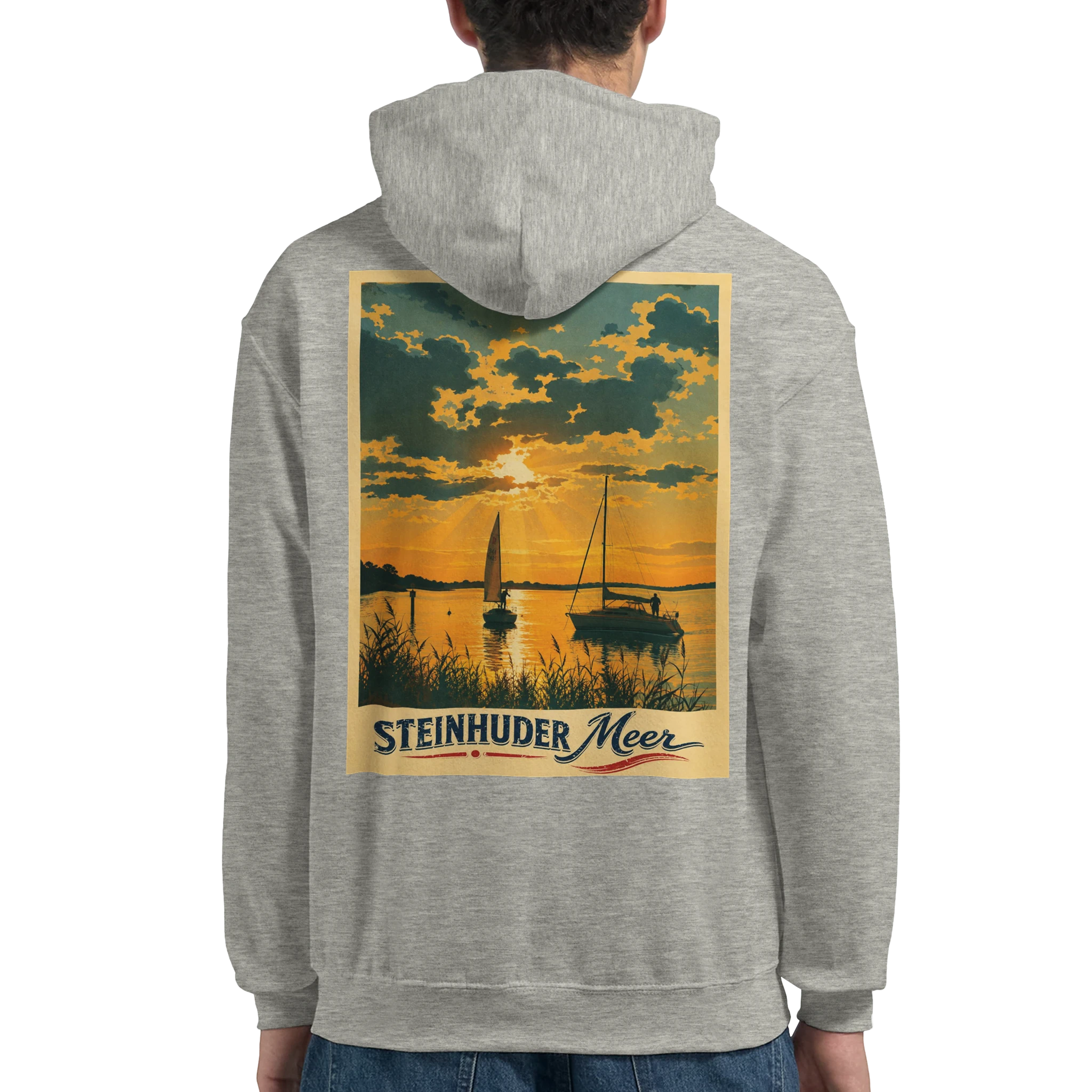 Hoodie in Aschgrau mit Motiv „Segler am Steinhuder Meer beim Sunset“