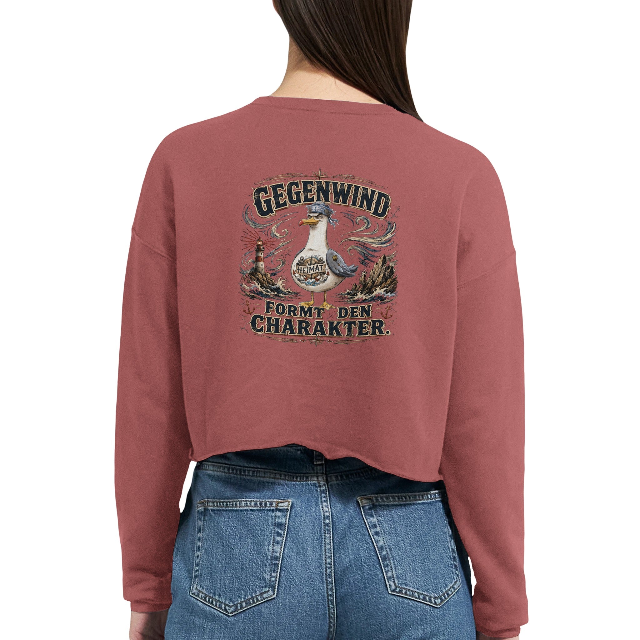Damen-Pullover in Staubblau mit Motiv „Gegenwind formt den Charakter“