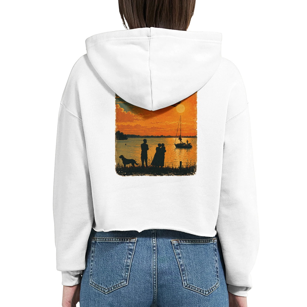Damen-Hoodie in Weiß mit Motiv „Familie beim Sunset“