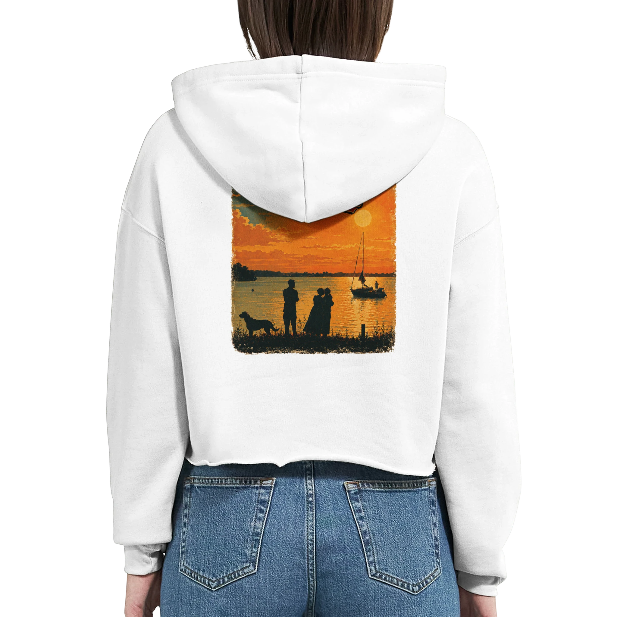 Damen-Hoodie in Weiß mit Motiv „Familie beim Sunset“
