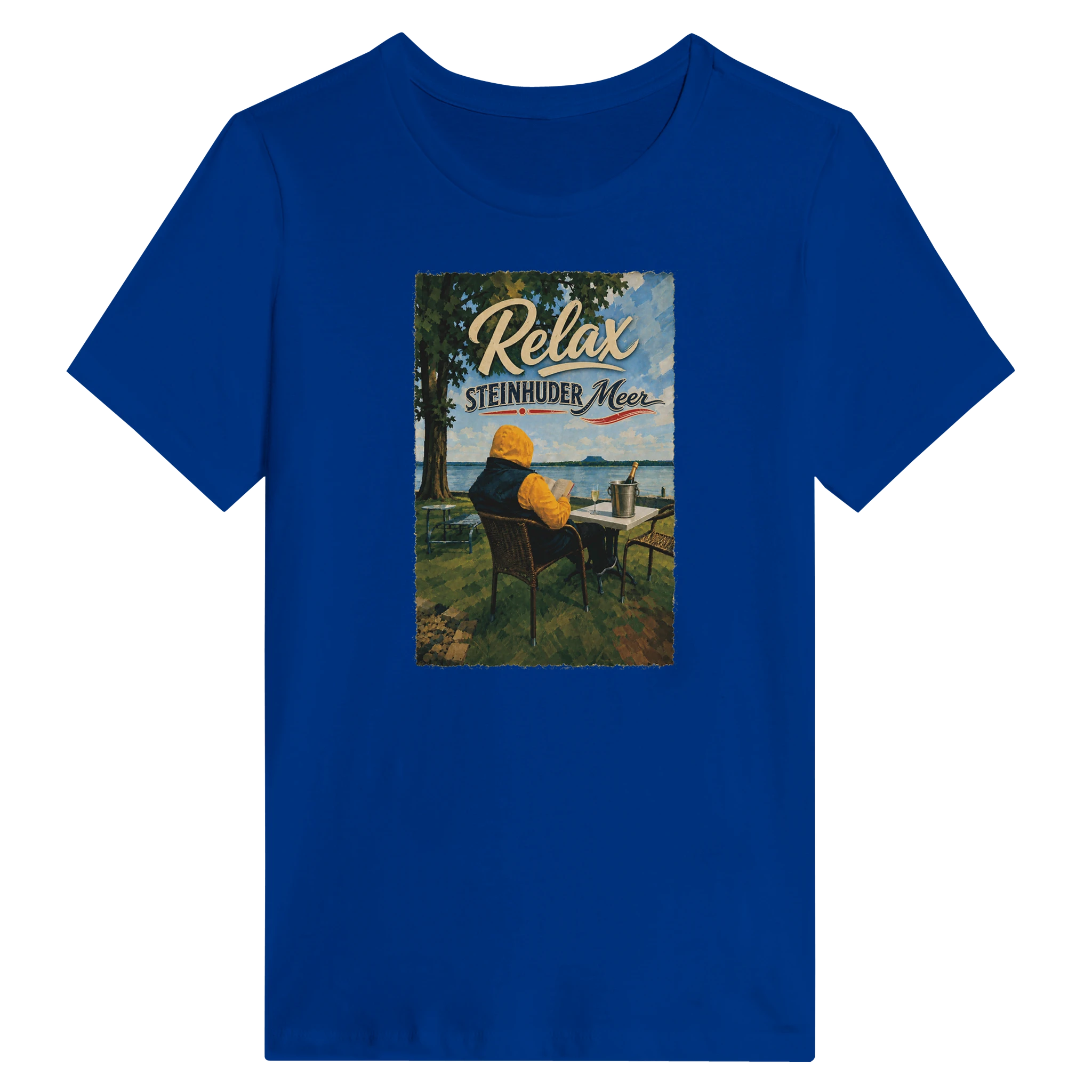 Damen-T-Shirt in Zitronengelb mit Motiv „Relax und Champagner“