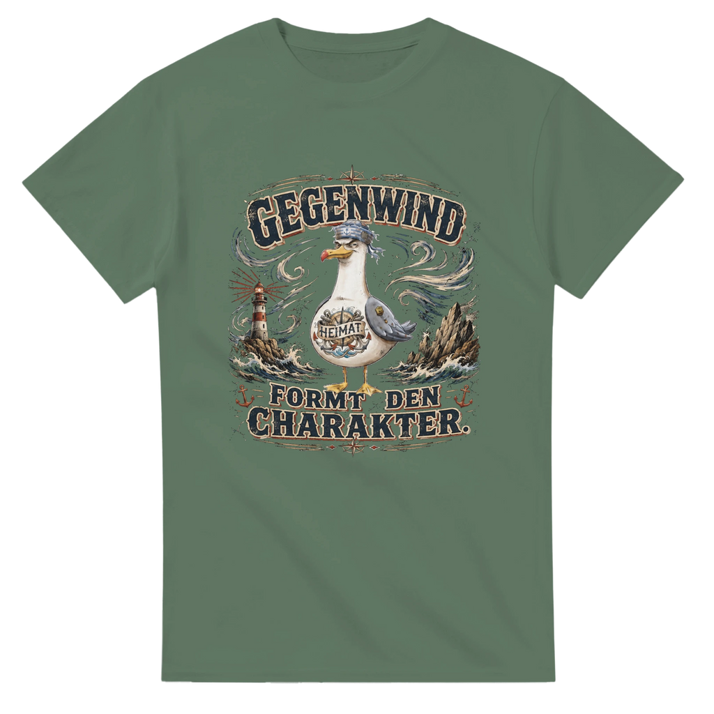 T-Shirt in Natur mit Motiv „Gegenwind formt den Charakter Typisch Norddeutsch“