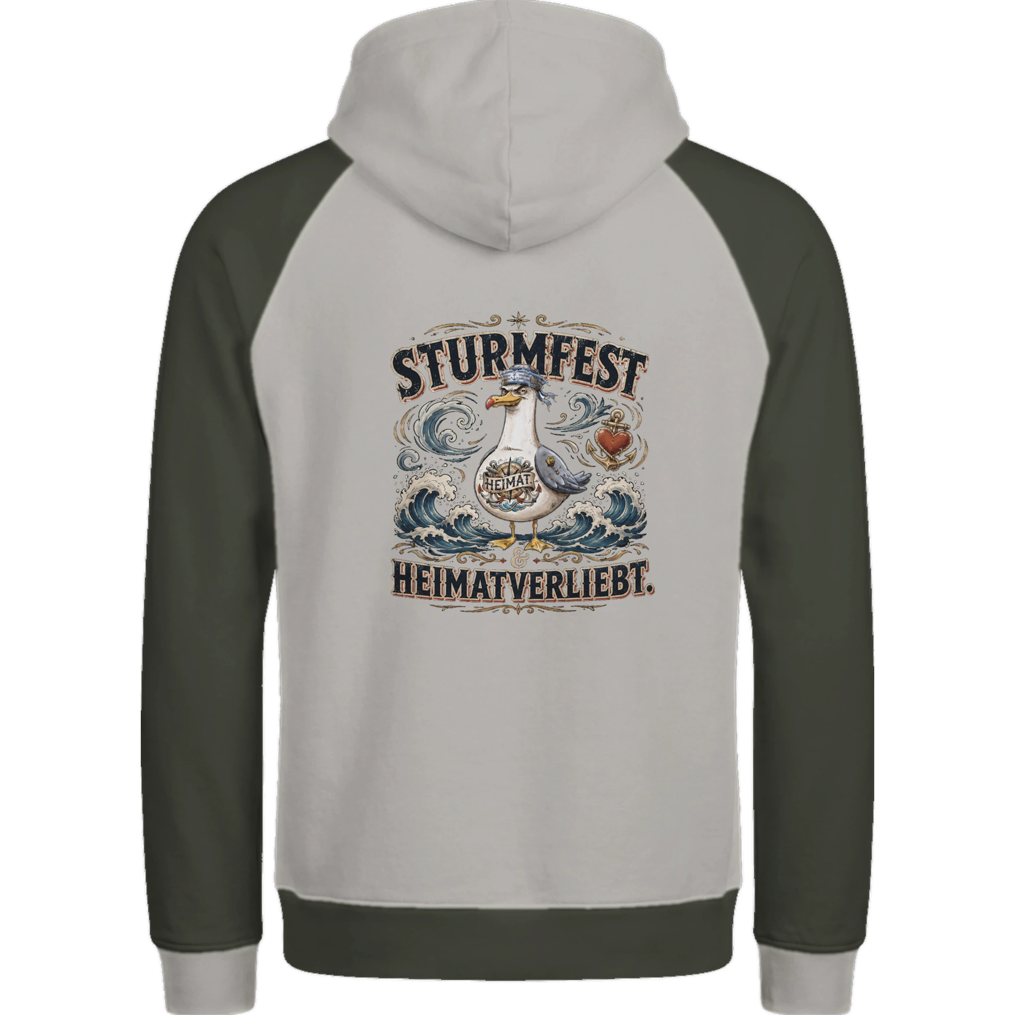 Hoodie in Ton mit Motiv „Sturmfest & Heimatverliebt Möwe“