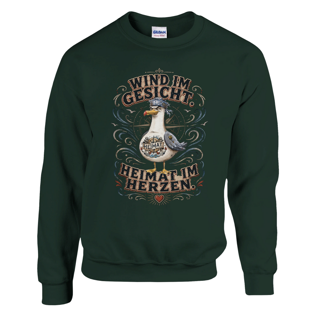 Pullover in Weiß mit Motiv „Wind im Gesicht. Heimat im Herzen. Möwe“