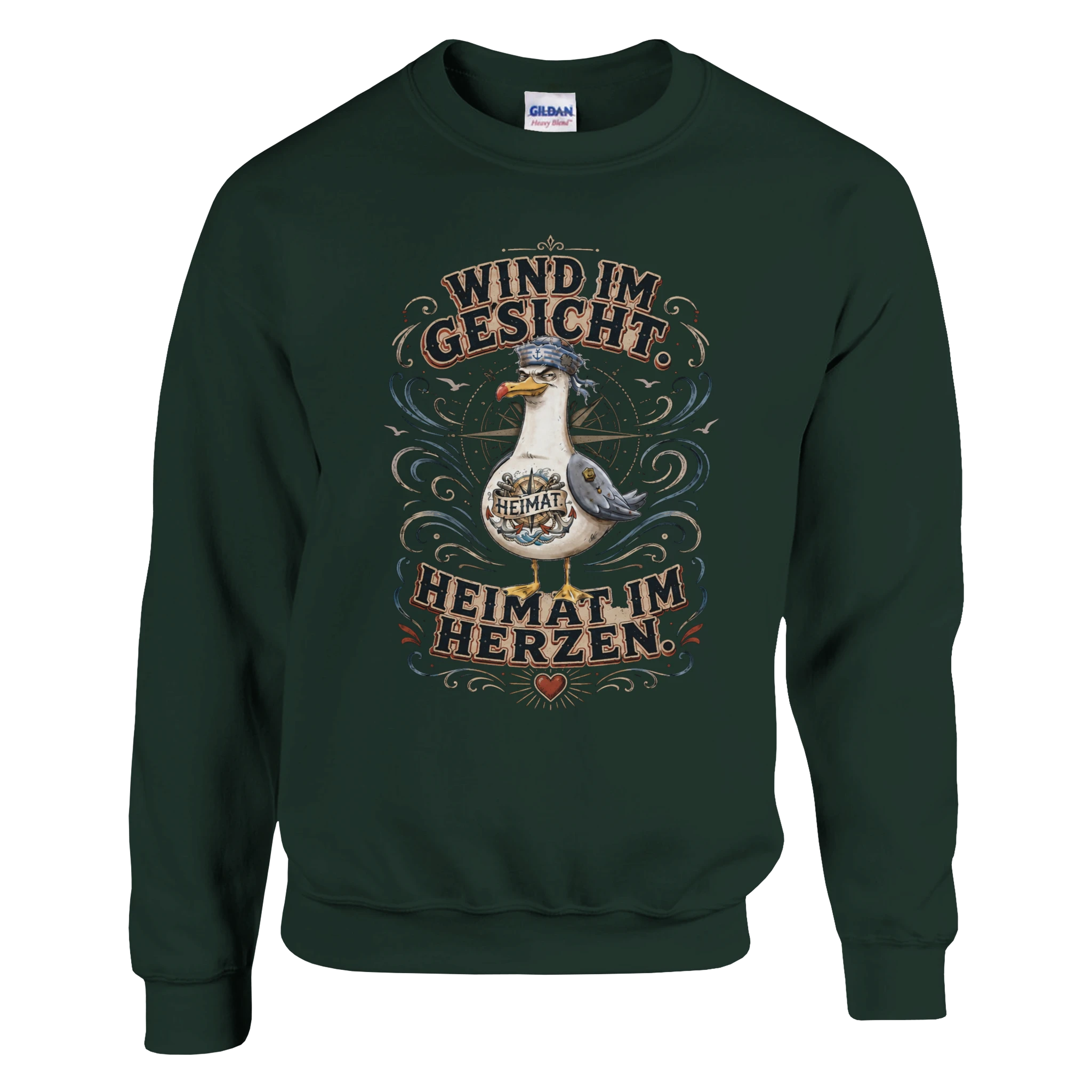 Pullover in Weiß mit Motiv „Wind im Gesicht. Heimat im Herzen. Möwe“
