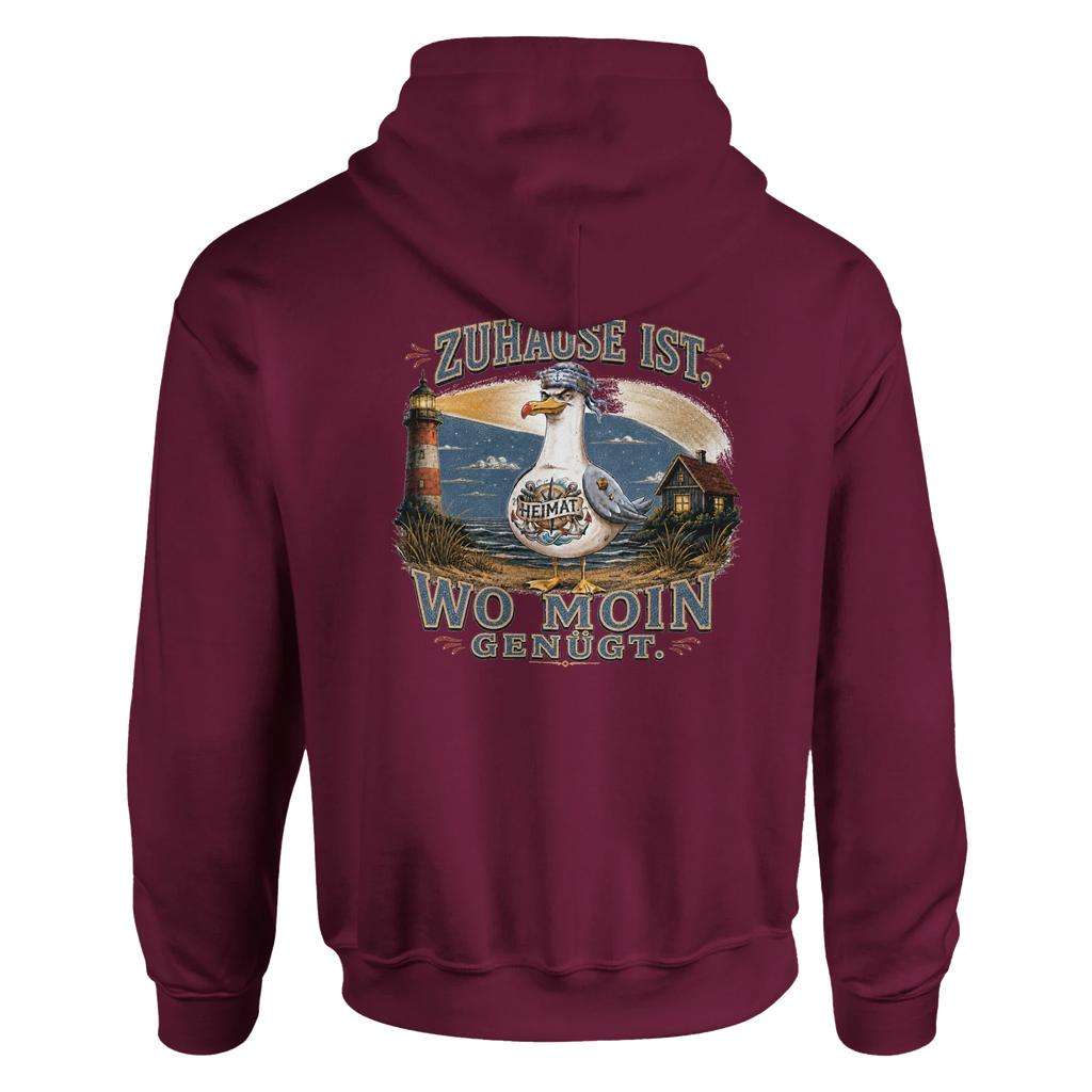 Hoodie in Weiß mit Motiv „Zuhause ist, wo Moin genügt. Möwe“