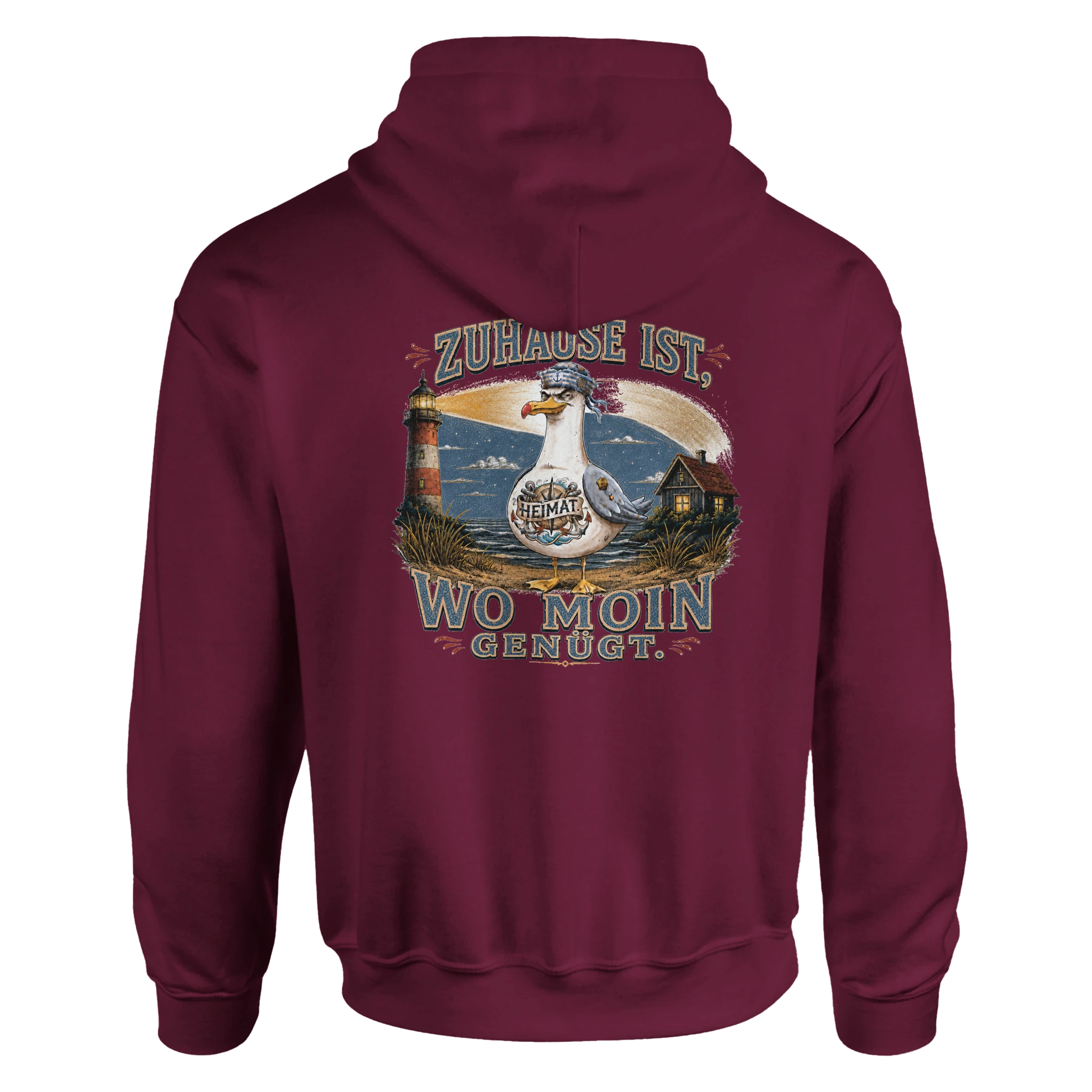 Hoodie in Weiß mit Motiv „Zuhause ist, wo Moin genügt. Möwe“