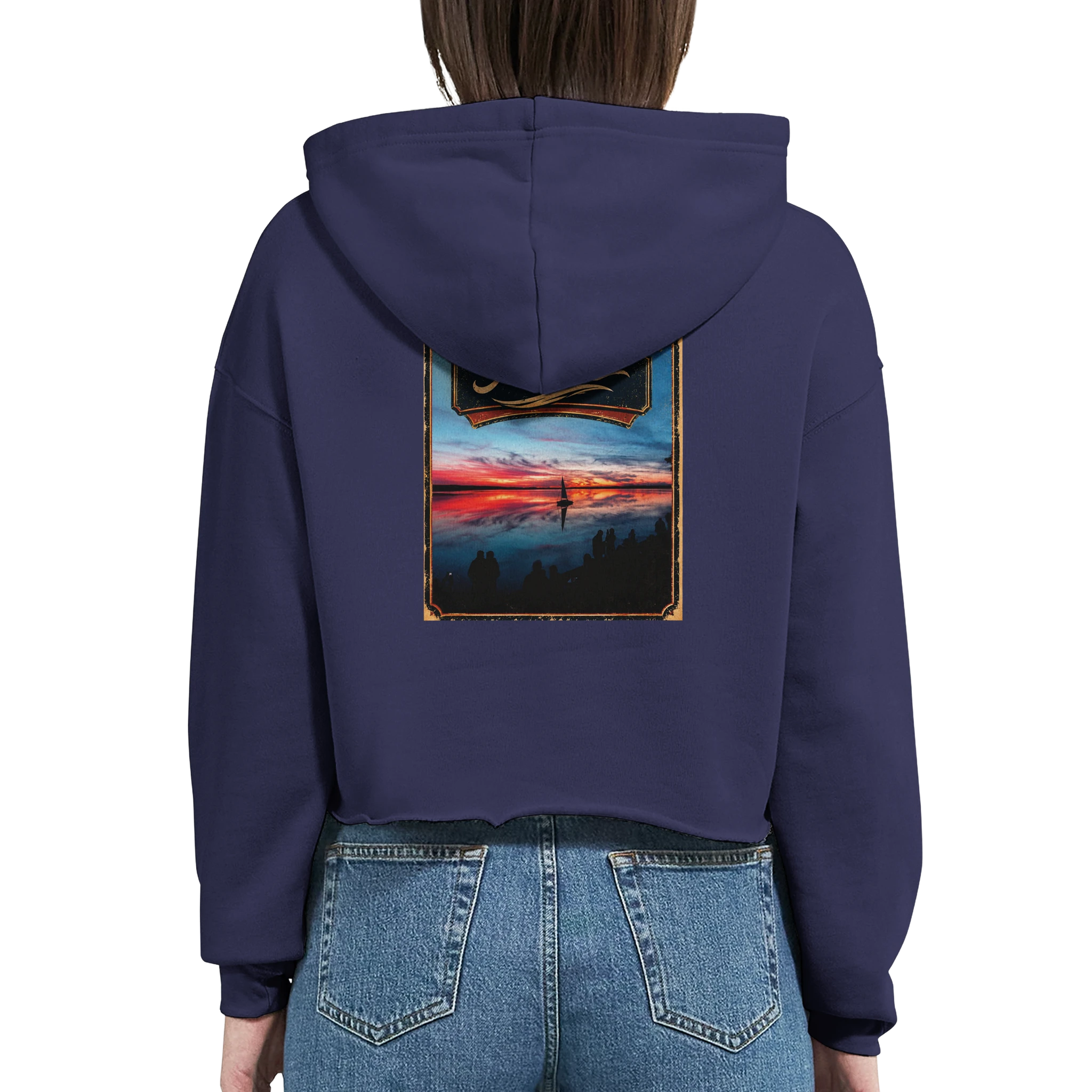 Damen-Hoodie in Weiß mit Motiv „Sunset mit Segler am Wilhelmstein – Steinhuder Meer“