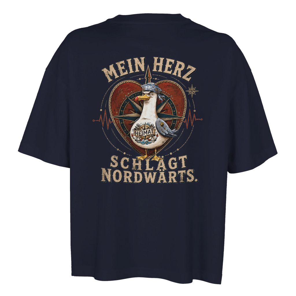 Damen-T-Shirt in Weiß mit Motiv „Mein Herz schlägt NORDWÄRTS. Möwe“