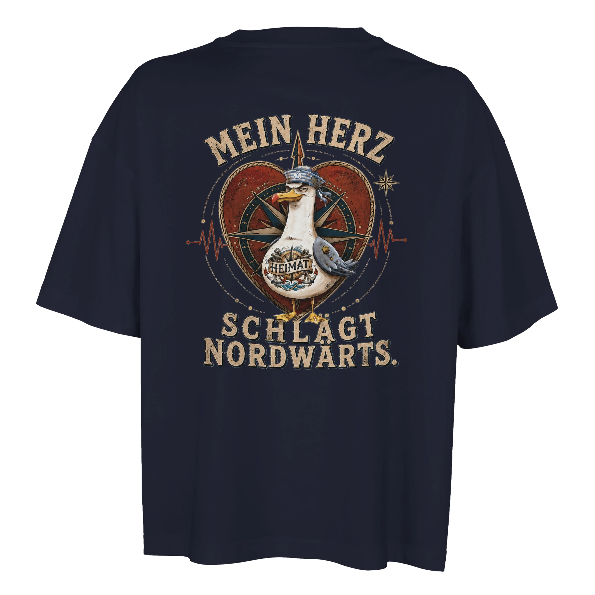 Damen-T-Shirt in Weiß mit Motiv „Mein Herz schlägt NORDWÄRTS. Möwe“