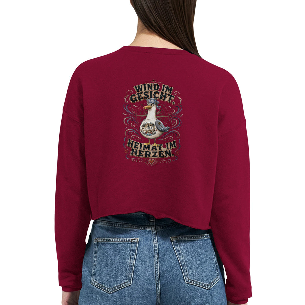 Damen-Pullover in Staubblau mit Motiv „Wind im Gesicht. Heimat im Herzen. Möwe“