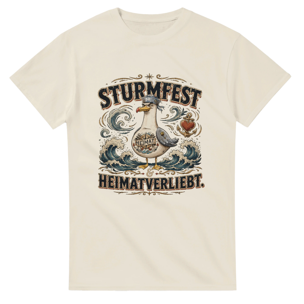 T-Shirt in Weiß mit Motiv „Sturmfest & Heimatverliebt Möwe“
